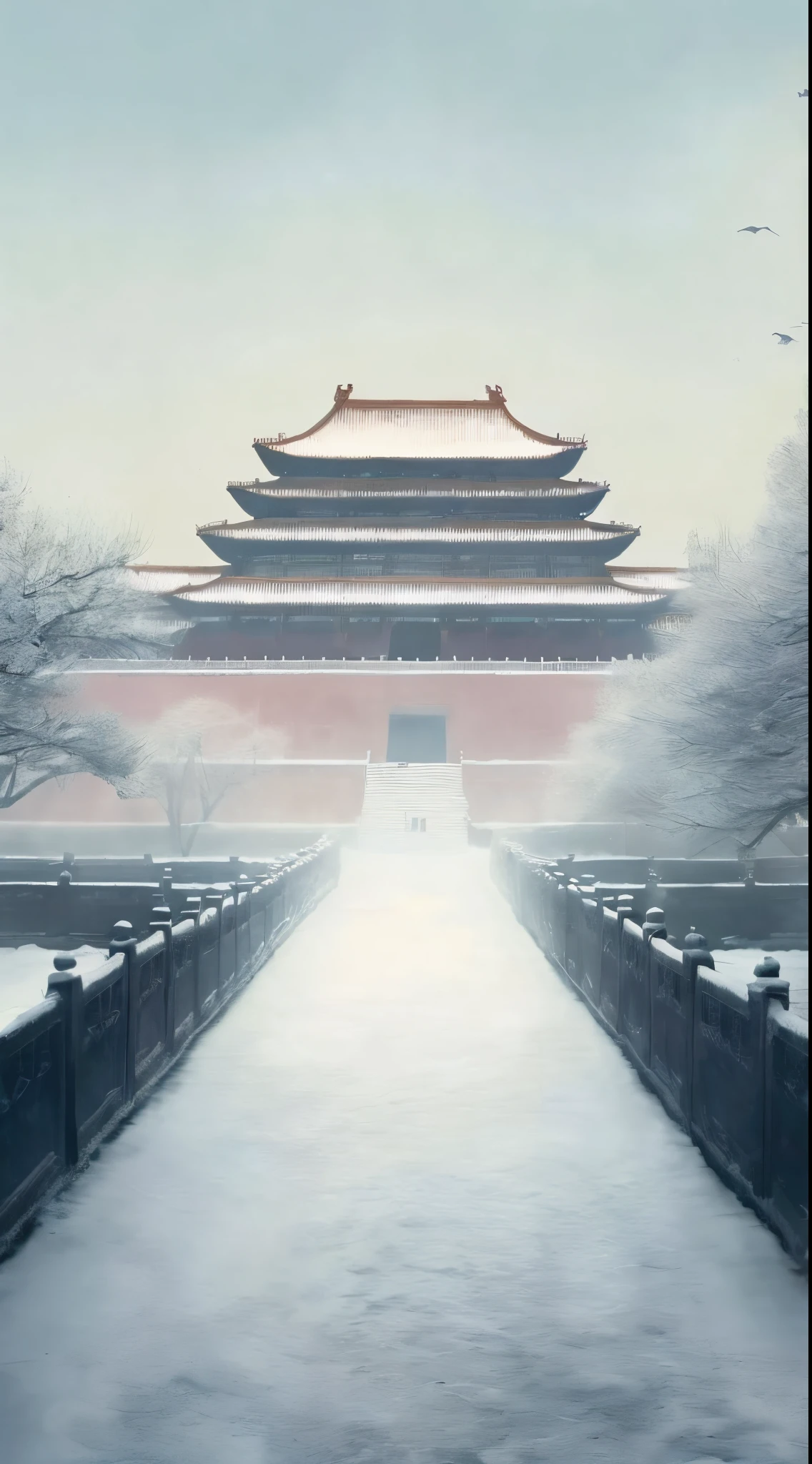 There is a long walkway leading to a building in the snow, author:Fei Danxu, the forbidden city, inspired by Fenghua Zhong, the forbidden city, Stunningly beautiful matte painting, inspired by Fei Danxu, Inspired by Wang Zhenpeng, Inspired by Ding Yunpeng, by Xia Yong, beijing, Delicate matte painting, Beautiful renderings of the Tang Dynasty