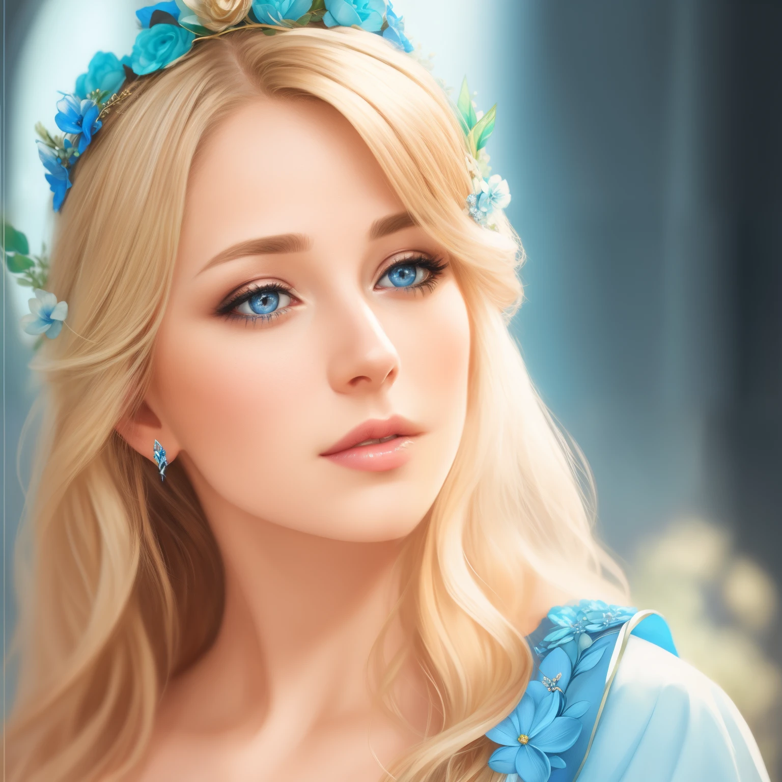 blonde with blue eyes and a blue dress with a flower in her hair, fantasy concept art portrait, Detailed matte fantasy portrait, alexandra fomina artstation, beautiful character painting, Princess PortraitP-art, realistic fantasy illustration, fantasy art portrait, fantasy portrait art, intricate wlop, stunning character art, cgsociety portrait, beautiful fantasy art portrait