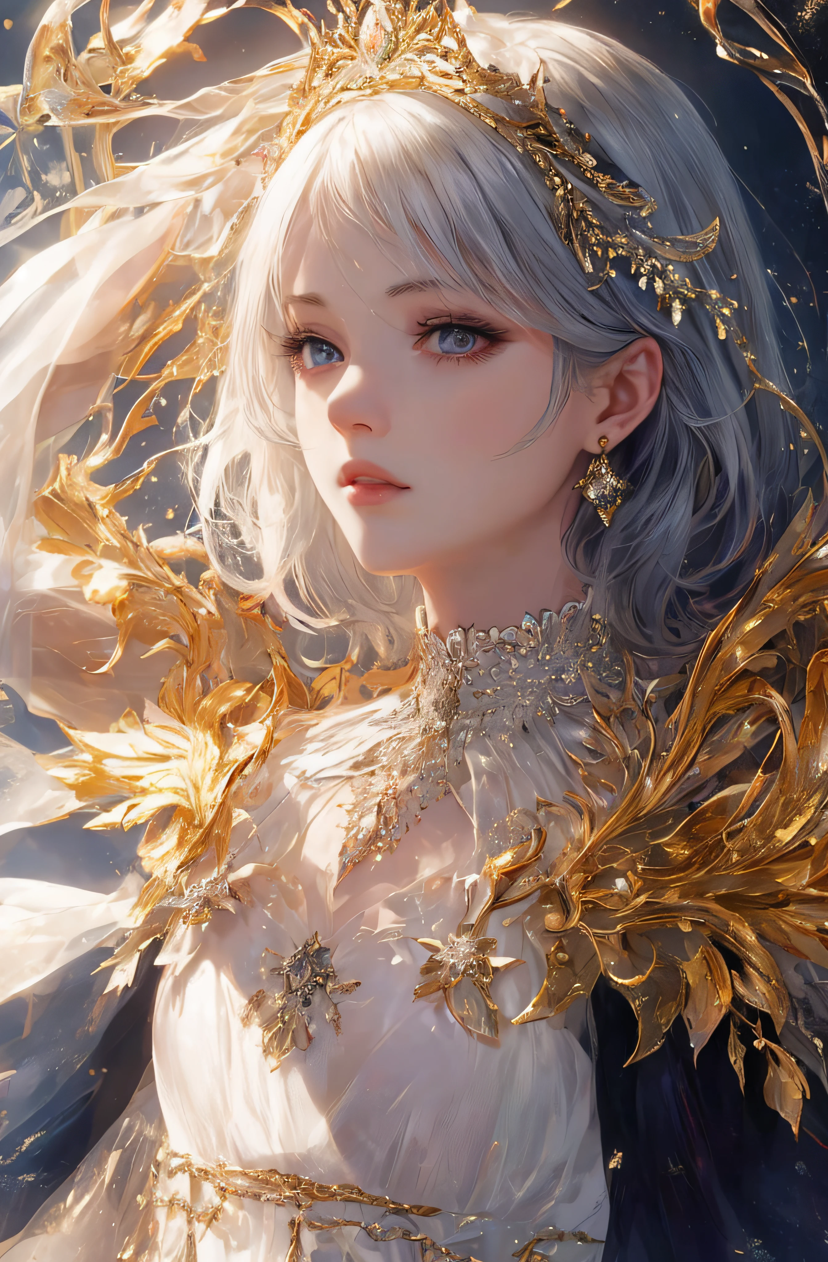 The upper part of the body、The face is front、profile、8K、realphoto、超A high resolution, Master Parts, Best Quality, nffsw , cinematic images,Lovely girl、ann、16 only、Anglo-Saxon、二重まぶた、drooing eyes、Very big eyes、Eyes purple、Dark eye shadow、The lips are very thin、The tip of the nose stretches beautifully.............................、the tip of the nose is small,,,,, ighly detailed , Silver hair、Straight short hair、ssmile、 Sweet look 、a very beautiful woman、legs are long、 Very clear shadows , jewely , A sexy , A detailed eye, very intricate, shiny skins , Perfect Brilliant, Perfect Lighting, Dramatic shadows、White tiara on head、Gold necklace around the neck、White aristocratic dress with gold embroidery、