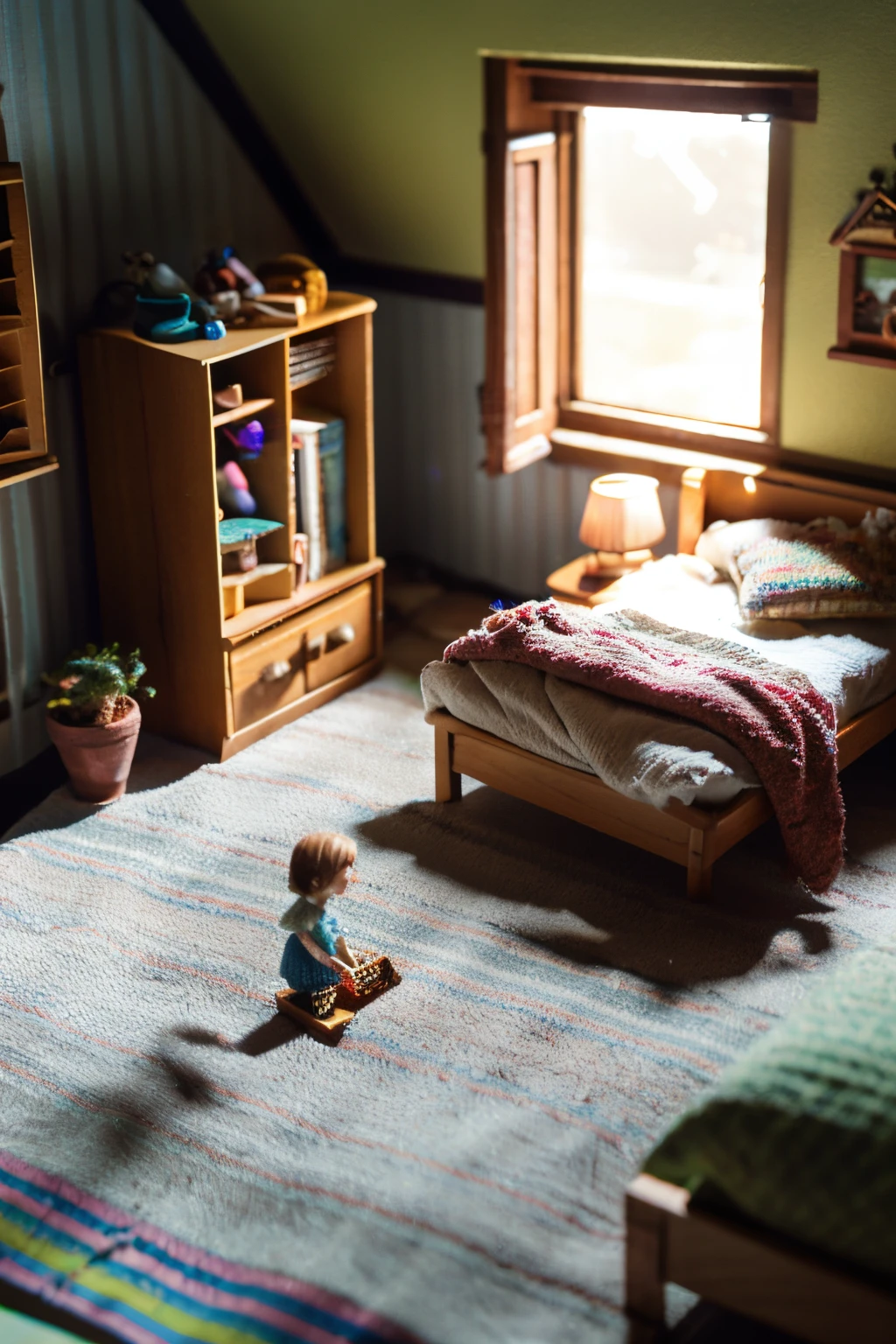 (Pixar style),A model of a cozy small room, miniature figure model, light source from right to left, Rumbrandt lighting, light source from right to left, (isometric view), (top-down), realistic scale, post-processing, ((orthogonal perspective)), super detail, realistic, super realistic, realistic render, rainbow color, glitter