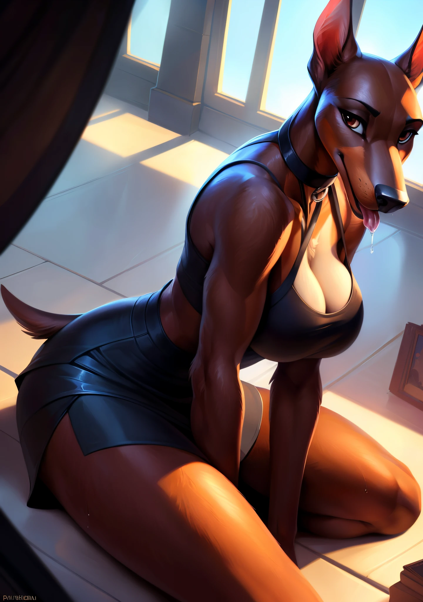 uploaded on e621, by Pixelsketcher, by Bayard Wu, by Thomas Benjamin Kennington , by Einshelm, solo anthro, (( portrait)), BREAK, ((wear wet tanktop and skirt)), very sweaty, ((mouth open, tongue out, saliva dripping)), (detailed Bonifasko lighting), (detailed fur), (detailed skin), BREAK, (abacing viewer with legs spread)), (cinematic lighting), ((detailed background)), ((high-angle view)), (((three-quarter view))), (half body shadow), [backlighting], [crepuscular ray], [detailed ambient light], [gray natural lighting], [ambient light on the belly], (higher wildlife feral detail), [explict content], [sharp focus], (questionable content), (shaded), ((masterpiece), big hips, medium breasts, [saliva dripping] breasts, furry doberman, doberman face, Furry Fantasy Art, Anthro Art, Commission for High Res, Furry Art, POV furry Art,Sakimichan beautiful, masterpiece, big hips, medium breasts, best quality, detailed image, bright colors, detailed face, perfect lighting, perfect shadows, perfect eyes, girl focus, brown eyes, flawless face, big breasts, gorgeous body, hourglass body, shiny body, center focus, doberman ears, doberman girl, fluffy, fluffy woman, body fur, animal nose, muzzle, two-tone fur, gaze at the viewer, half-closed eyes, 1girl, solo, full body, (masterpiece:1.21), (best quality:1.2), (illustration:1.2), (cinematic lighting:1.3), detailed fur, balanced coloring, global illumination, ray tracing, good lighting, doberman, furry, anthro,big butt, showing breasts, cleavage, attractive body, , looking at viewer, seductive look, thick thighs, fit body, SFW