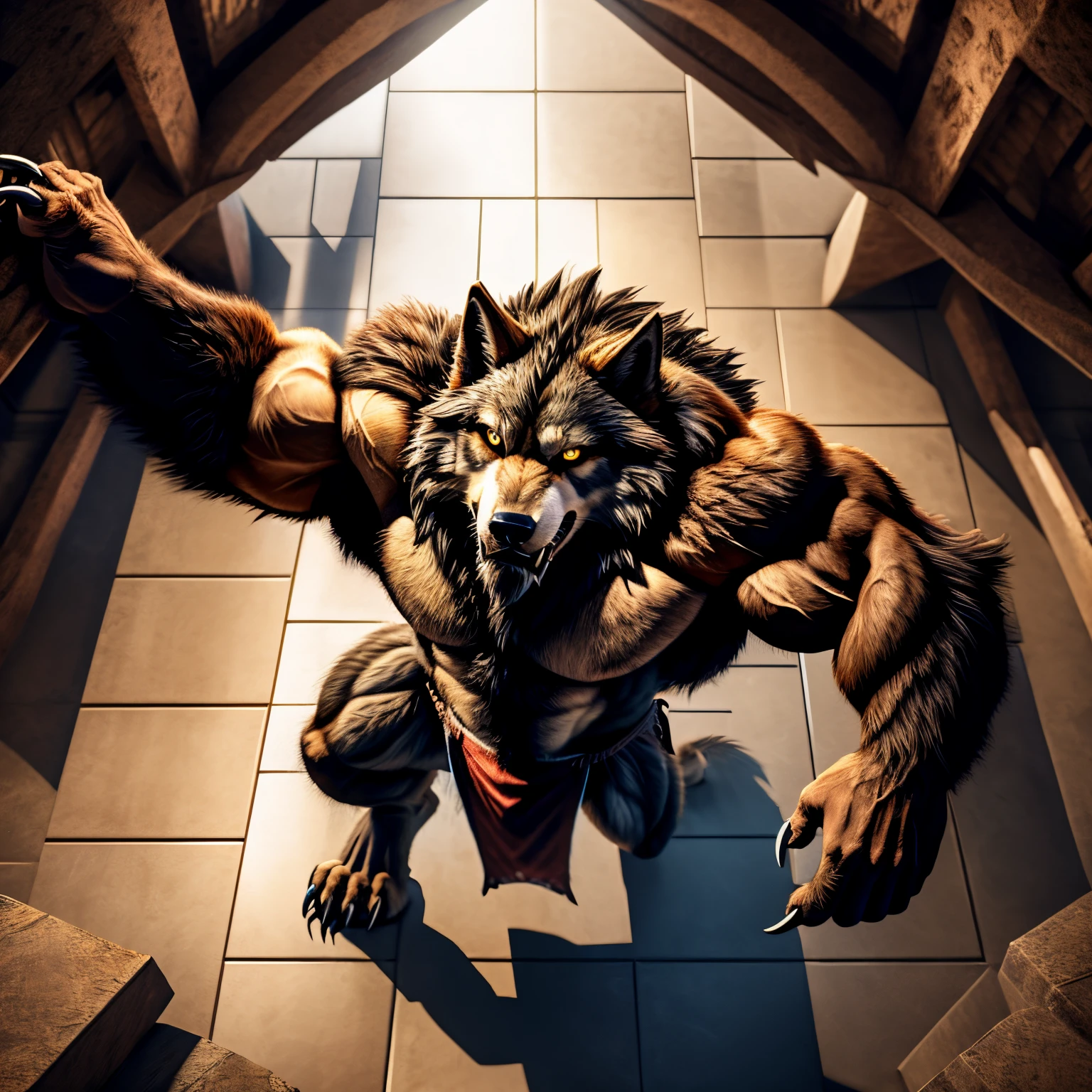 brown werewolf、wolf face、Wolf body、Brown body hair、Body hair all over the body、hairy、Wolf tail、break dance、Dancing、hand stand、White fangs、perspiring、Big golden eyes、sharp claws、very big ears、looking upwards、iron floor、Tattered loin cloth、Composition seen from above