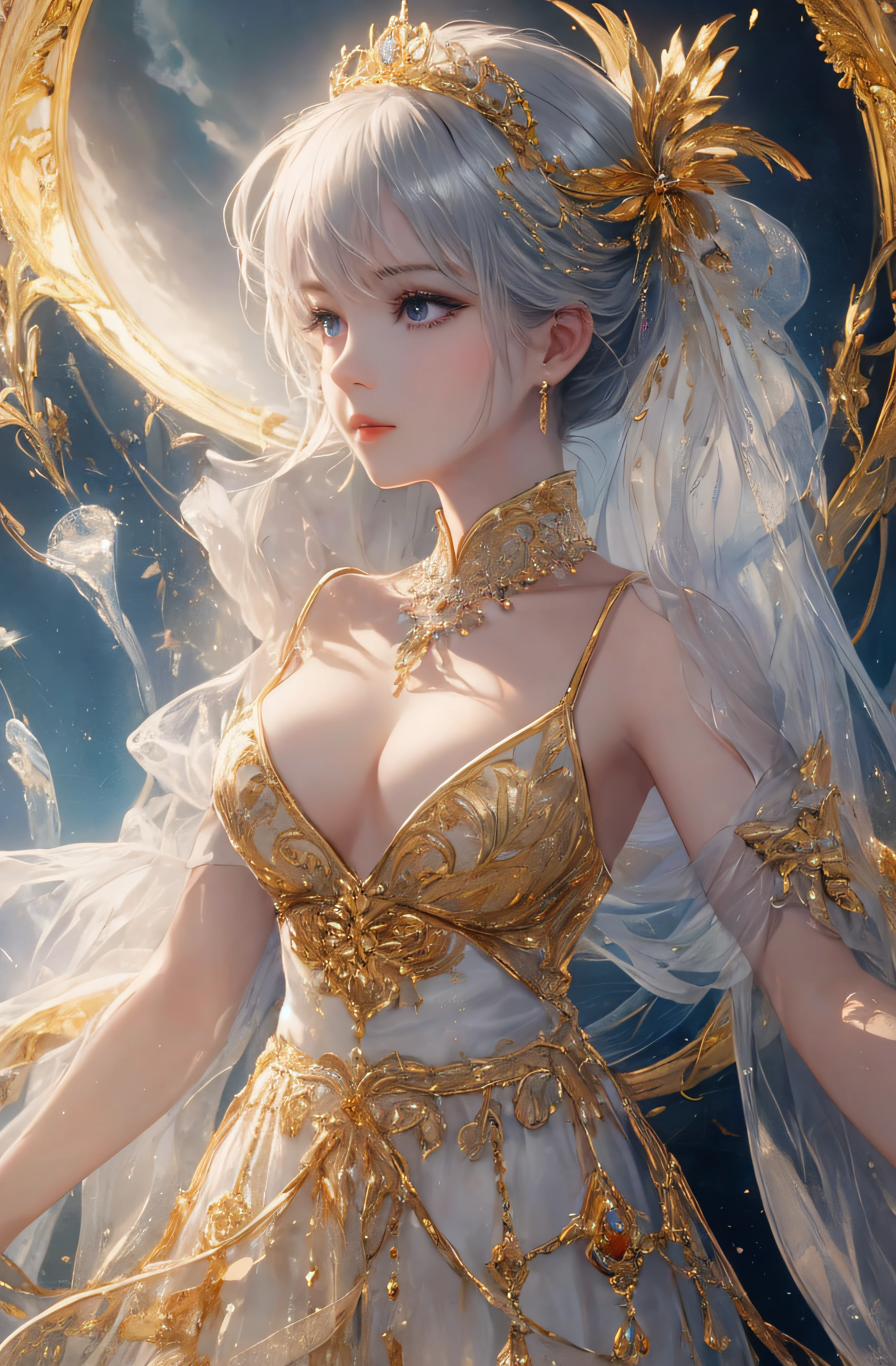 The upper part of the body、The face is front、profile、8K、realphoto、超A high resolution, Master Parts, Best Quality, nffsw , cinematic images,Lovely girl、ann、16 only、Anglo-Saxon、二重まぶた、drooing eyes、Very big eyes、Eyes purple、Dark eye shadow、The lips are very thin、The tip of the nose stretches beautifully...............................、the tip of the nose is small,,,,, ighly detailed , Silver hair、Straight short hair、ssmile、 Sweet look 、a very beautiful woman、legs are long、 Very clear shadows , jewely , A sexy , A detailed eye, very intricate, shiny skins , Perfect Brilliant, Perfect Lighting, Dramatic shadows、White tiara on head、Gold necklace around the neck、White aristocratic dress with gold embroidery、