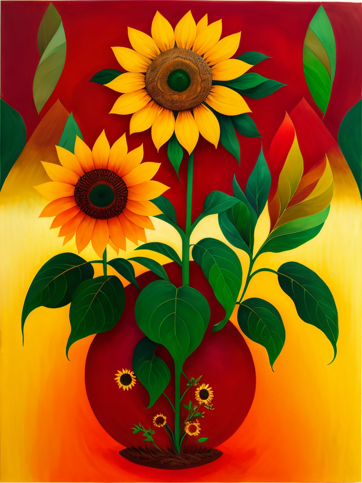 Layers of sunflowers in the field, High and Low Sunflowers，set at sunset, author：sakfins，The center of the sunflower is like a beautiful sad eye，Among the dense flowers and leaves，It seems like there are countless pairs of eyes staring at you，（insectoid plants），The pattern repeats，Asymmetrical，extremely nervous，  styled，The colors are very rich，（The leaves seem to be moving），Use the most original materials，As if built from his own soul and body，The red color in the painting is made from pigment mixed with pig blood，Green is the juice of ripe berries，