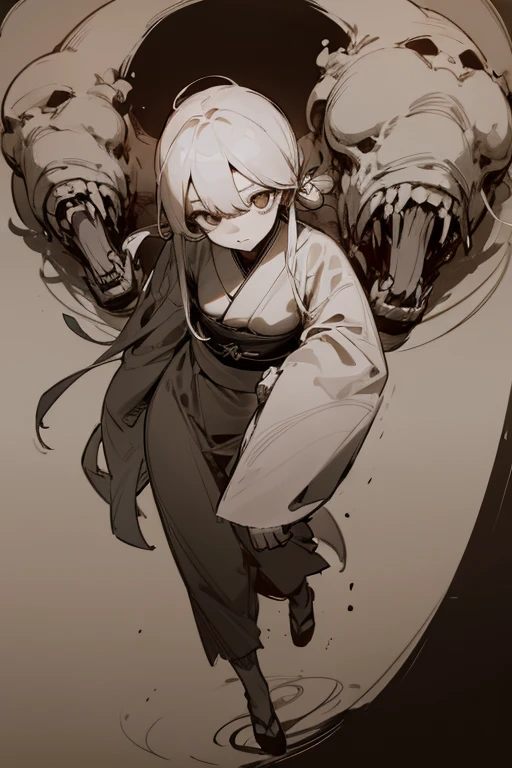 (Line drawing drawing style illustration), (rough sketch), (full body), ((Maine is a monster)), (eerie), (Outline warm color), (Japanese painting), Dark atmosphere, horror factor, personification of junk, Japanese style tool, Mysterious Variants, spooky look, doll-like face, crazy face, looks like a person, ((masterpiece)), ((high resolution)), ((super delicate)), (Distinctive hair style), (Creative accessories), (individualistic atmosphere), eerie worldview, Japanese Monsters