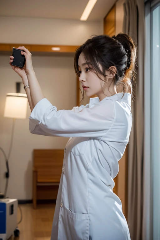 A female doctor,Wear doctor,realistically,Dynamic light punching,Thin stature,Chopping,Full shot,(The is very detailed的 CG unified 8k 壁纸),high detal,lock focus,drama bag,eyeslashes,Photo Reality,in hospital,I have a smart phone in my hand