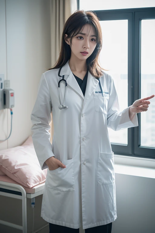 A female doctor,Wear doctor,realistically,Dynamic light punching,Thin stature,Chopping,Full shot,(The is very detailed的 CG unified 8k 壁纸),high detal,lock focus,drama bag,eyeslashes,Photo Reality,in hospital,I have a smart phone in my hand