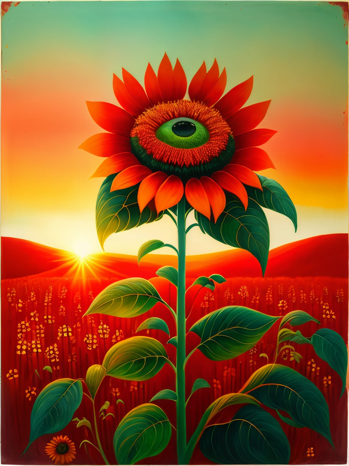 Sunflowers and red berries in the fields, set in the sunset, by Sahafin Lewis,The center of the sunflower is like a beautiful sad eye,Among the dense flowers and leaves,It seems like there are countless pairs of eyes staring at you,(insectoid plants),The pattern repeats,Asymmetrical,extremely nervous,After watching it for a long time, i feel depressed, Stylized,The colors are very rich,(Strange seems to be moving),,Use the most original materials,As if built from his own soul and body,The red color in the painting is made from pigment mixed with pig blood,Green is the juice of ripe berries,