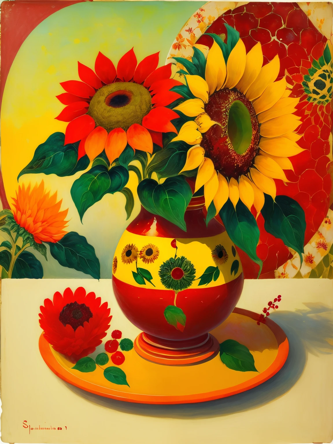 (Sunflowers and red berries at sunset by French painter Sachéfinade),The center of the sunflower is like a beautiful sad eye,Among the dense flowers and leaves,It seems like there are countless pairs of eyes staring at you,(insectoid plants),The pattern repeats,Asymmetrical,extremely nervous,After watching it for a long time, i feel depressed, Stylized,The colors are very rich,(Strange seems to be moving),Paintings in original colors of Sahofen,Use the most original materials,As if built from his own soul and body,The red color in the painting is made from pigment mixed with pig blood,Green is the juice of ripe berries,Add bread crumbs occasionally as a garnish,oil painted,