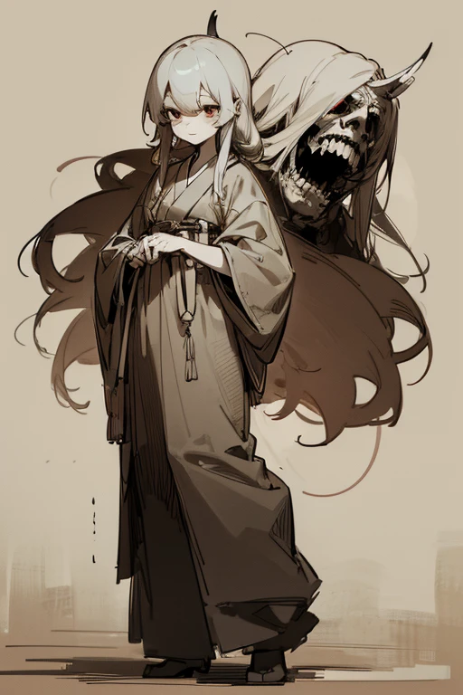 (Line drawing drawing style illustration), (rough sketch), (full body), ((Maine is a monster)), (eerie), (Outline warm color), (Japanese painting), Dark atmosphere, horror factor, personification of junk, Japanese style tool, Mysterious Variants, spooky look, doll-like face, crazy face, looks like a person, ((masterpiece)), ((high resolution)), ((super delicate)), (Distinctive hair style), (Creative accessories), (individualistic atmosphere), eerie worldview, Japanese Monsters