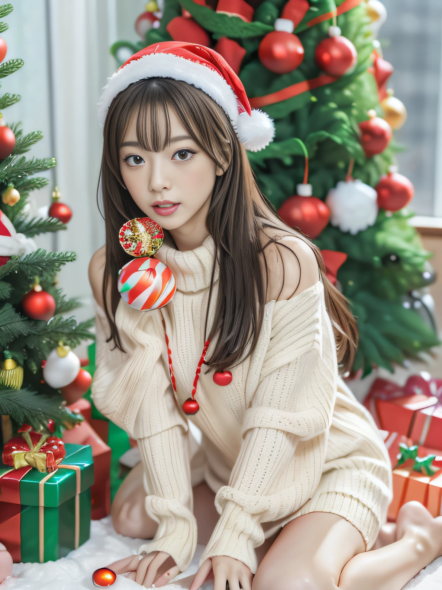 Cute Japanese beauty wearing a sexy Santa costume, Red hoodie, Please give me a Christmas present, santa hat, Santa Girl, (Christmas Ornaments, Christmas tree covered with sweets:1.8), holy night of snow, (Heavy snow outside the window),