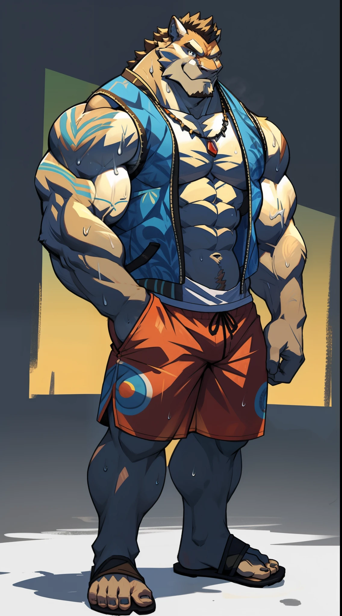 Muscle tissue,Abalai characters,character design, Wearing Hawaiian pattern board shorts, muscular thighs, solid color backdrop,Good image, Wear a white vest,The vest is soaked with sweat,Wear flip-flops,The whole body is from head to toe