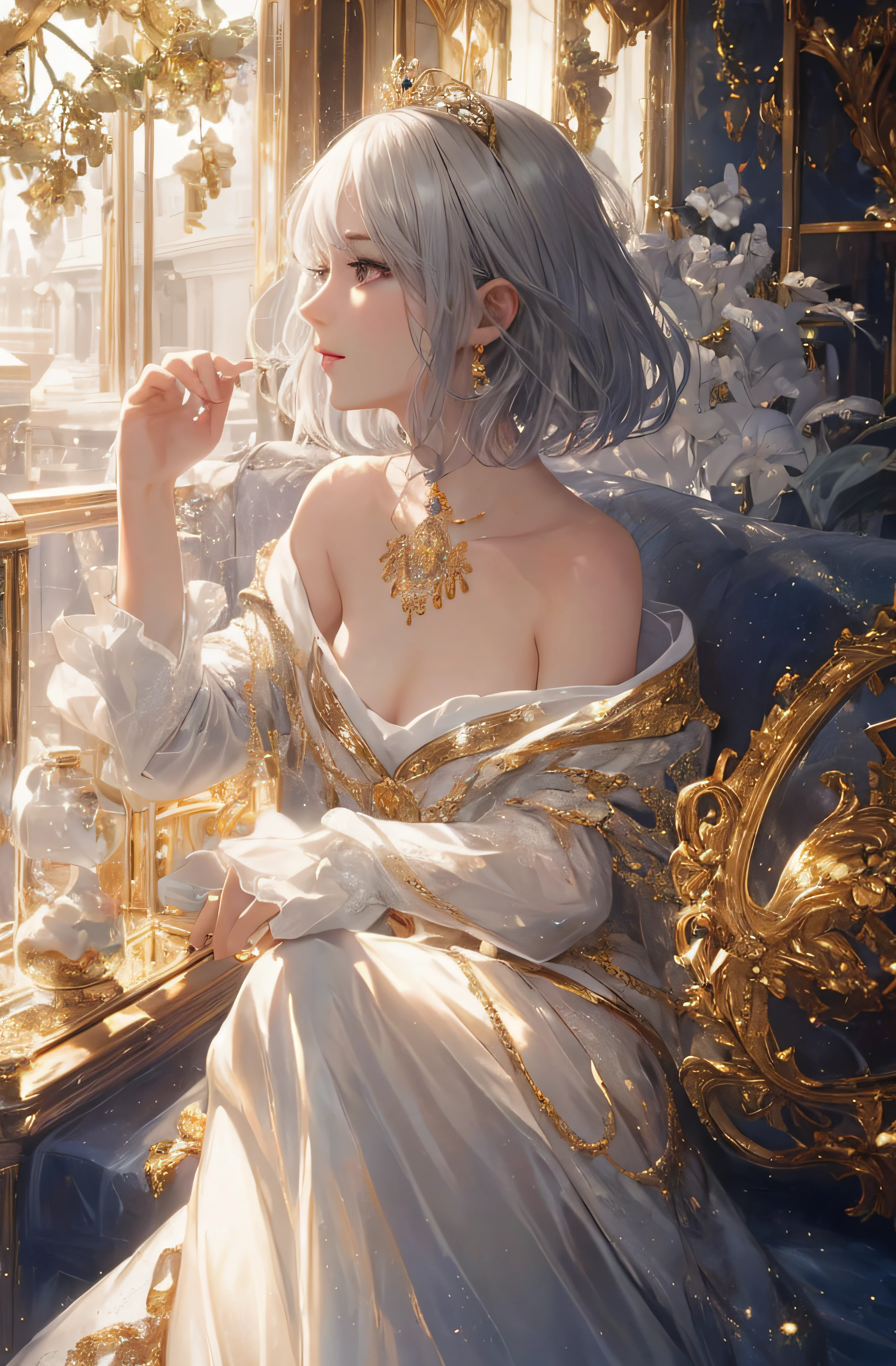 The upper part of the body、The face is front、profile、8K、realphoto、超A high resolution, Master Parts, Best Quality, nffsw , cinematic images,Lovely girl、ann、16 only、Anglo-Saxon、二重まぶた、drooing eyes、Very big eyes、Eyes purple、Dark eye shadow、The lips are very thin、The tip of the nose stretches beautifully................................、the tip of the nose is small,,,,, ighly detailed , Silver hair、Straight short hair、ssmile、 Sweet look 、a very beautiful woman、legs are long、 Very clear shadows , jewely , A sexy , A detailed eye, very intricate, shiny skins , Perfect Brilliant, Perfect Lighting, Dramatic shadows、White tiara on head、Gold necklace around the neck、White aristocratic dress with gold embroidery、