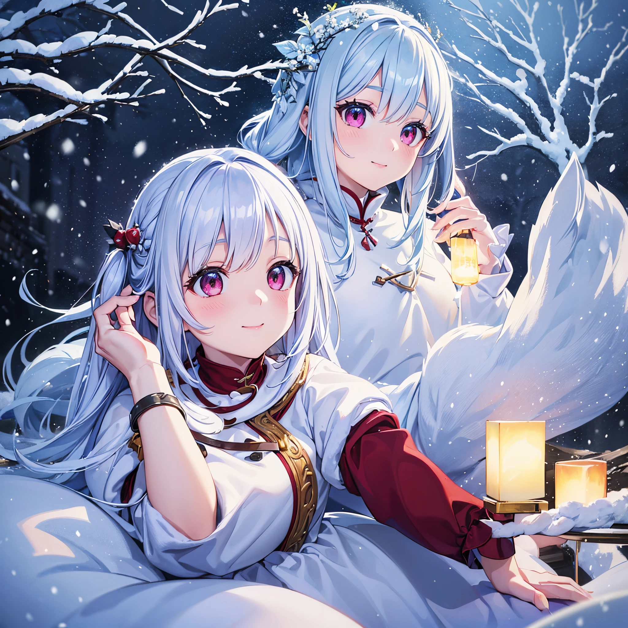 (snow art, snow theme:1.4), one long light blue haired girl、adorable smiling、Winters, squirrel on a branch, dreamy fantasy art, rococo art style, burgundy color, plum, dove, (best composition), ultra wide-angle, Octane Render, Enhance, Convoluted, (Best Quality, masutepiece, master piece, Official art, Professional, Unity 8k壁纸:1.3)