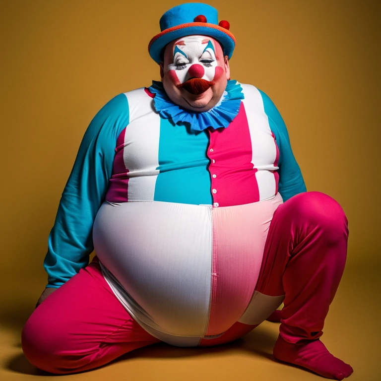 The clown man is so fat that he can't stand up.