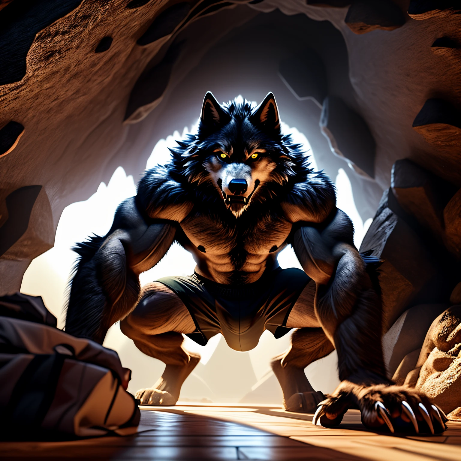 brown werewolf、wolf face、Wolf body、Brown body hair、Body hair all over the body、hairy、Wolf tail、break dance、Dancing、one hand on the floor、White fangs、perspiring、Big golden eyes、sharp claws、very big ears、looking upwards、inside a cave、brown boxer shorts、composition seen from below