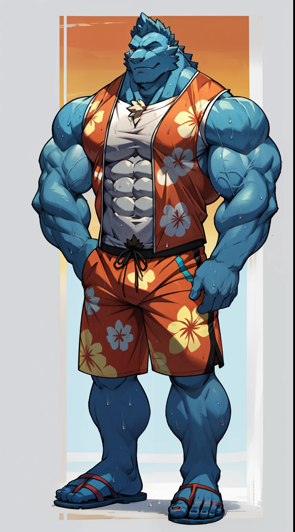 Muscle tissue，Abalai characters,character  design, Wearing Hawaiian pattern board shorts, muscular thighs, solid color backdrop,Good image, Wear a white vest，The vest is soaked with sweat，Wear flip-flops，The whole body from head to toe