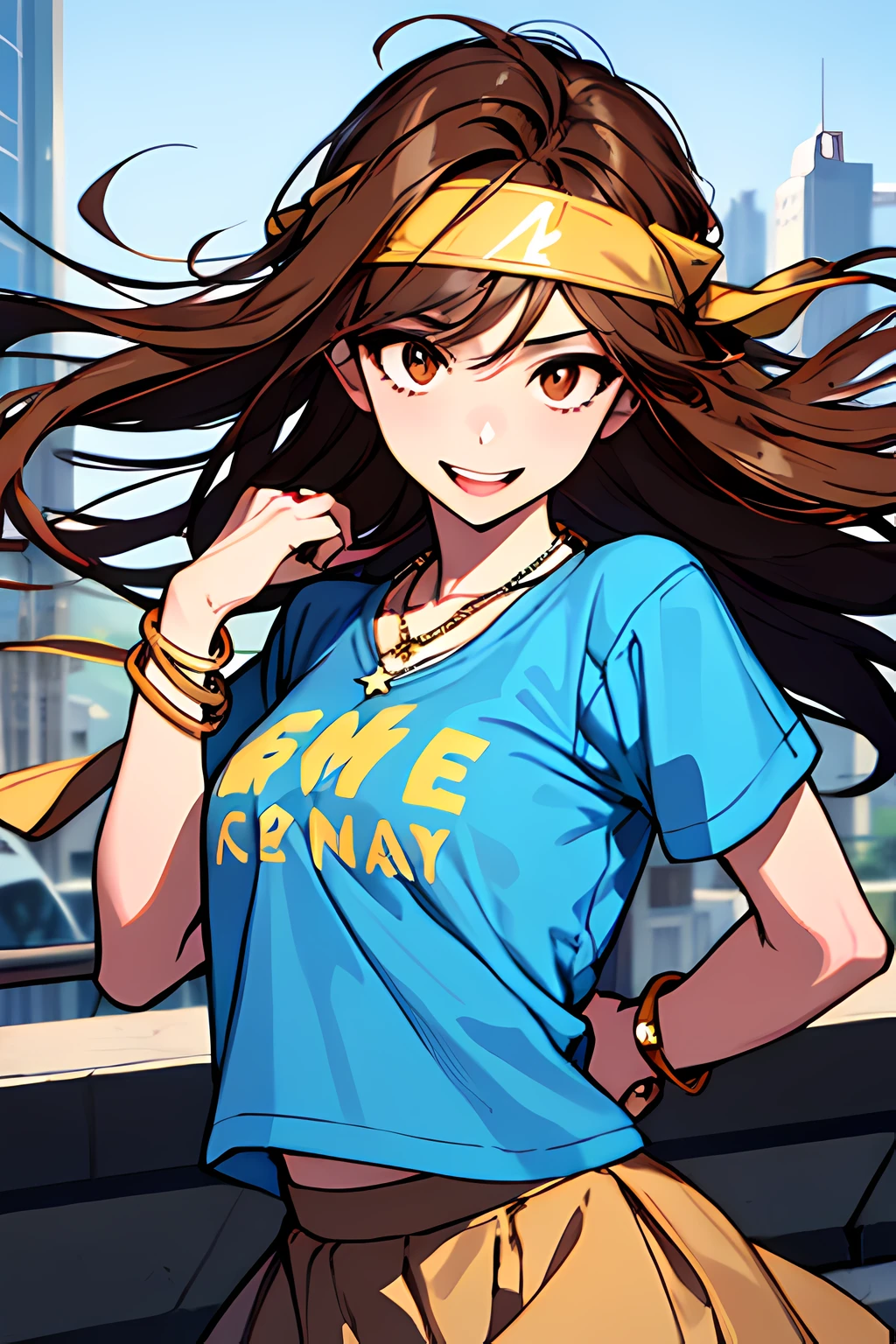 (masterpiece), best quality, expressive eyes, highres, perfect eyes, perfect face, perfect hands, 1girl, genie, zodiac, shirt over 1 shoulder, Brown bikini, long sleeves, necklace, long Brown Hair, city background, headband, Brown eyes, Brown skirt, small bust, rings, bracelets, charismatic, crazy face, crazy eyes, crazy smile, perfect anatomy, half body, l1girl, solo, blue shirt, gold letters, graphic t-shirt, bracelets, necklace, jewelry, arm sleeves, manipulative, gaslighting, friendly, hands behind back, smile, happy, expressive, loose clothing, flowing clothing, gold accents, stars, shiny, flowing, wind, windy,