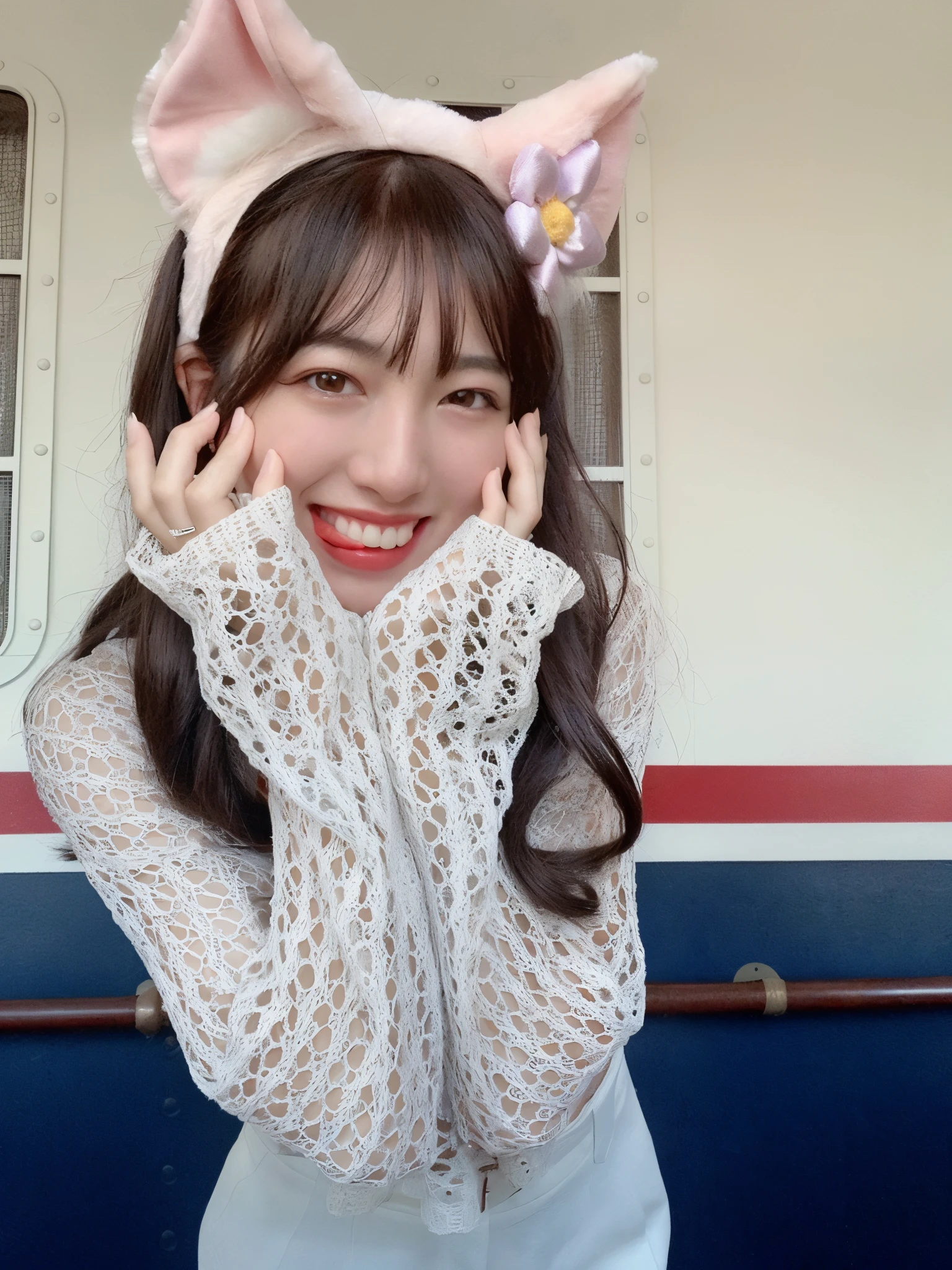 There is a woman taking a photo with her hand on her face...., shikamimi, Lovely smile, white openwork clothes,White skirt、light pink cat ears、 sakimichan, Pretty smile, smileeeeeee, Charming smile, Belle Delphine, bae suzy, ulzzangs, 8K)), gently smiling, Innocent smile, she is smiling and happy, ]Photo close to pre-processing、Photographed by a professional photographer、
