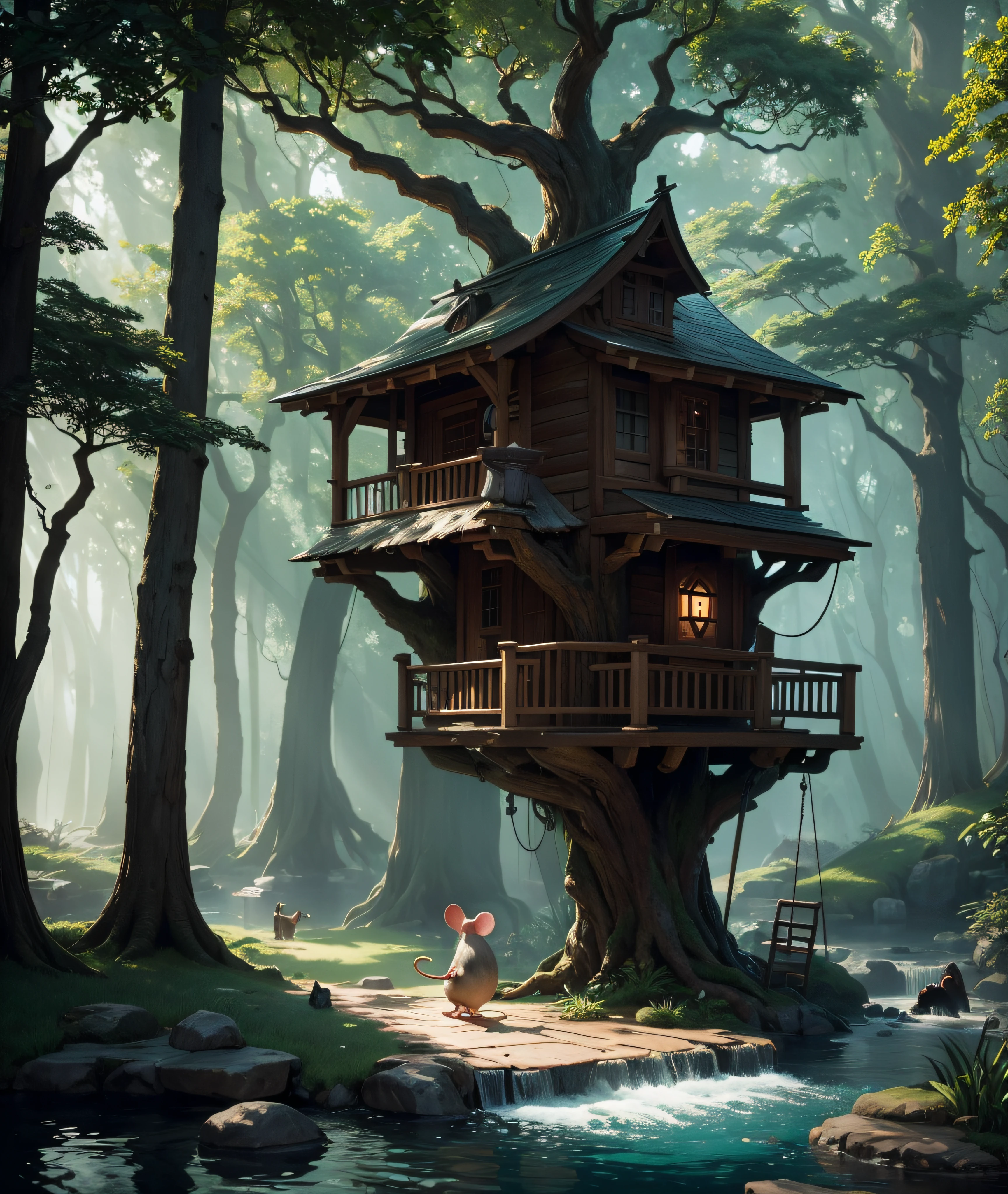 A mouse wears a rag suit, outside a tree house a paddle of water makes as a pool for the mouse beautiful landscaping for a wealthy mouse dramatic lighting, dynamic pose, dynamic camera,masterpiece, best quality, dark shadows, ((dark fantasy)), detailed, realistic, 8k uhd, high quality, detailed, realistic, 8k uhd, high quality