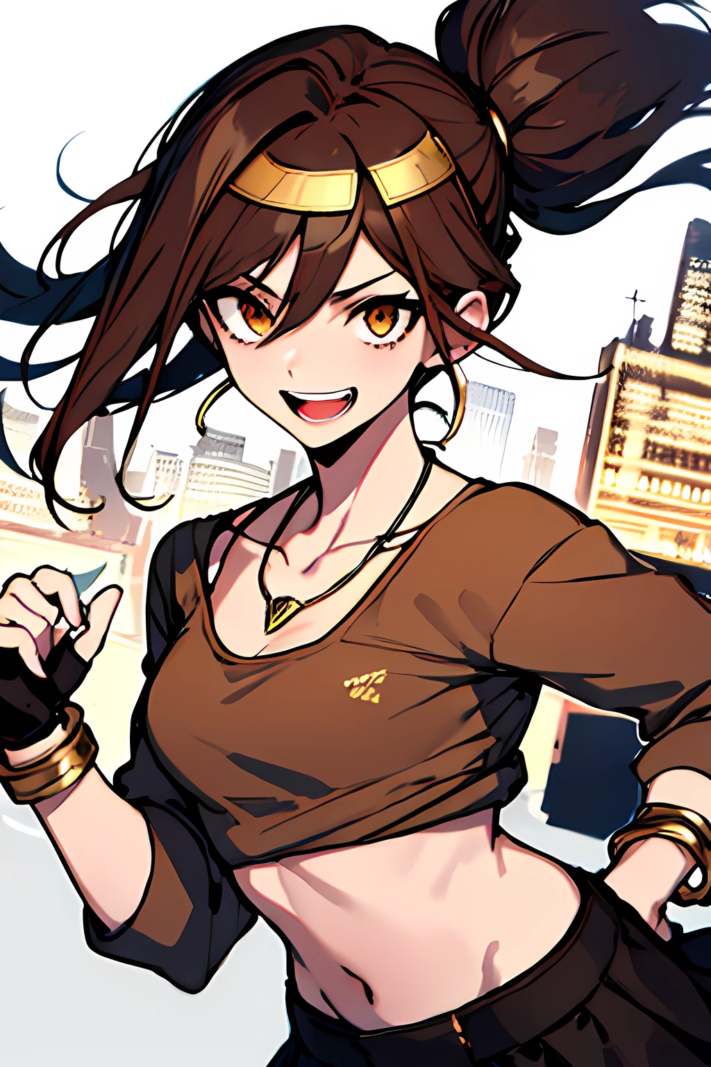 (absurdres, 8k, 4k, masterpiece, hyper extreme detailed:1.2), solo, 1girl, front view, perfect face, 1girl, portrait, expressive eyes, looking at viewer, solo, standing, Female, toned body, mature female 1girl, genie, zodiac, shirt over 1 shoulder, Brown bikini, long sleeves, necklace, long Brown Hair, city background, headband, Brown eyes, Brown skirt, small bust, rings, bracelets, charismatic, crazy face, crazy eyes, crazy smile, perfect anatomy, half body, l1girl, solo, brown shirt, gold letters, graphic t-shirt, bracelets, rings, necklace, jewelry, arm sleeves, fingerless gloves, manipulative, gaslighting, friendly, hands behind back,