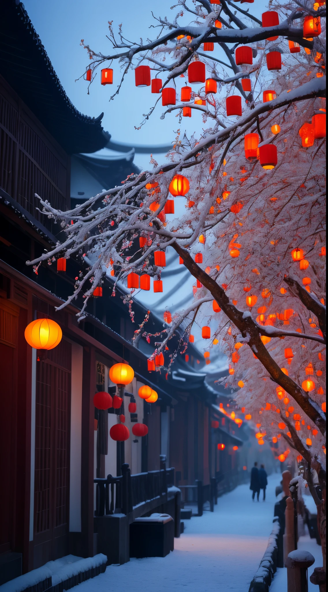 one tree，Orange fruits hanging on the branches, glowing snow, Red lanterns, Snow covered colorful red, Chinese, snow glow, Dream China Town, zhouzhuang ancient town, Lanterns at night, Chinese traditional, Lanterns on the roadside sparkle, 美丽的构图, perfect lighting in a snow storm, street lanterns glow, by Yu Zhiding, beautiful light up