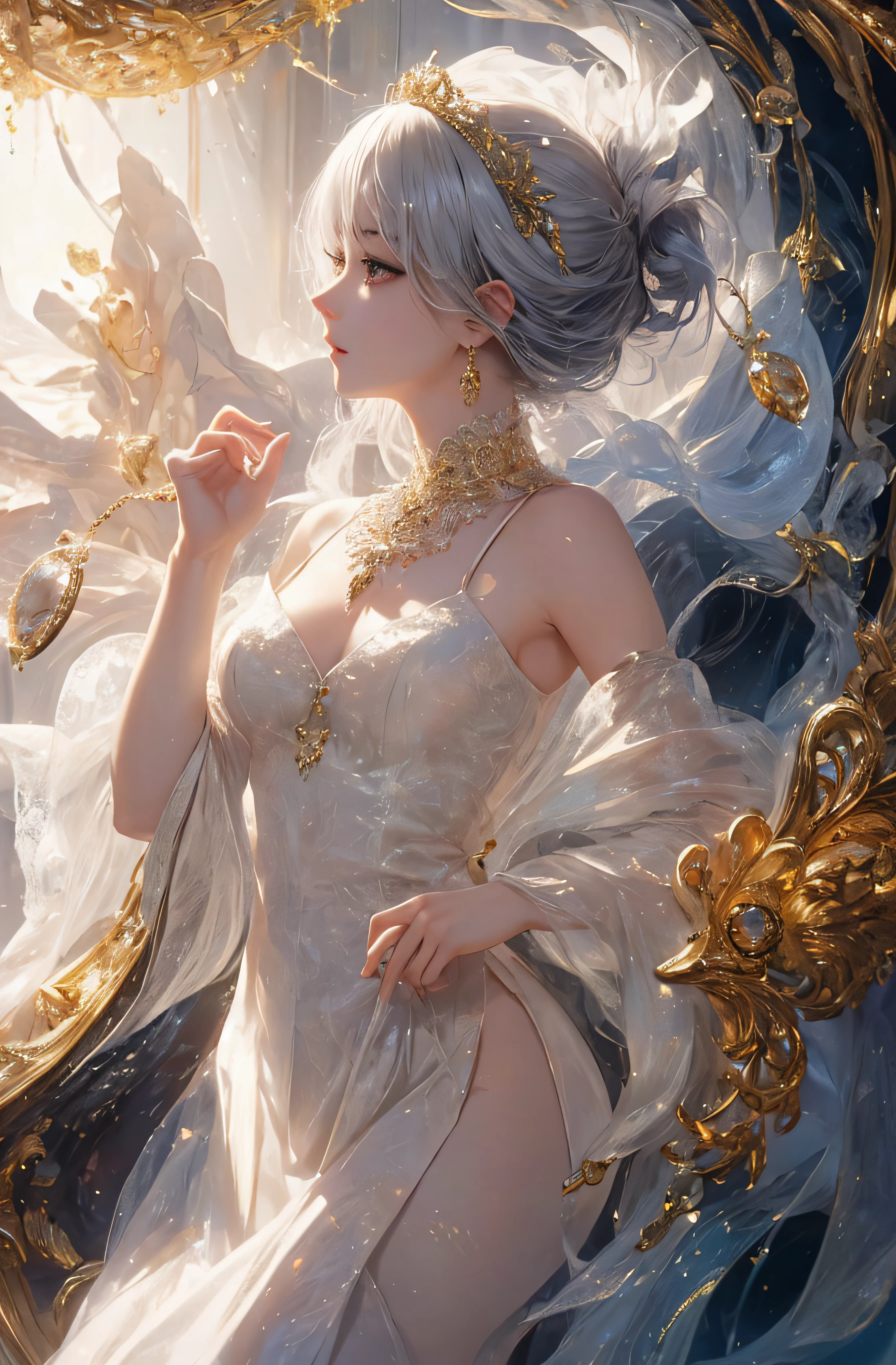 The upper part of the body、The face is front、profile、8K、realphoto、超A high resolution, Master Parts, Best Quality, nffsw , cinematic images,Lovely girl、ann、16 only、Anglo-Saxon、二重まぶた、drooing eyes、Very big eyes、Eyes purple、Dark eye shadow、The lips are very thin、The tip of the nose stretches beautifully..................................、the tip of the nose is small,,,,, ighly detailed , Silver hair、Straight short hair、ssmile、 Sweet look 、a very beautiful woman、legs are long、 Very clear shadows , jewely , A sexy , A detailed eye, very intricate, shiny skins , Perfect Brilliant, Perfect Lighting, Dramatic shadows、White tiara on head、Gold necklace around the neck、White aristocratic dress with gold embroidery、
