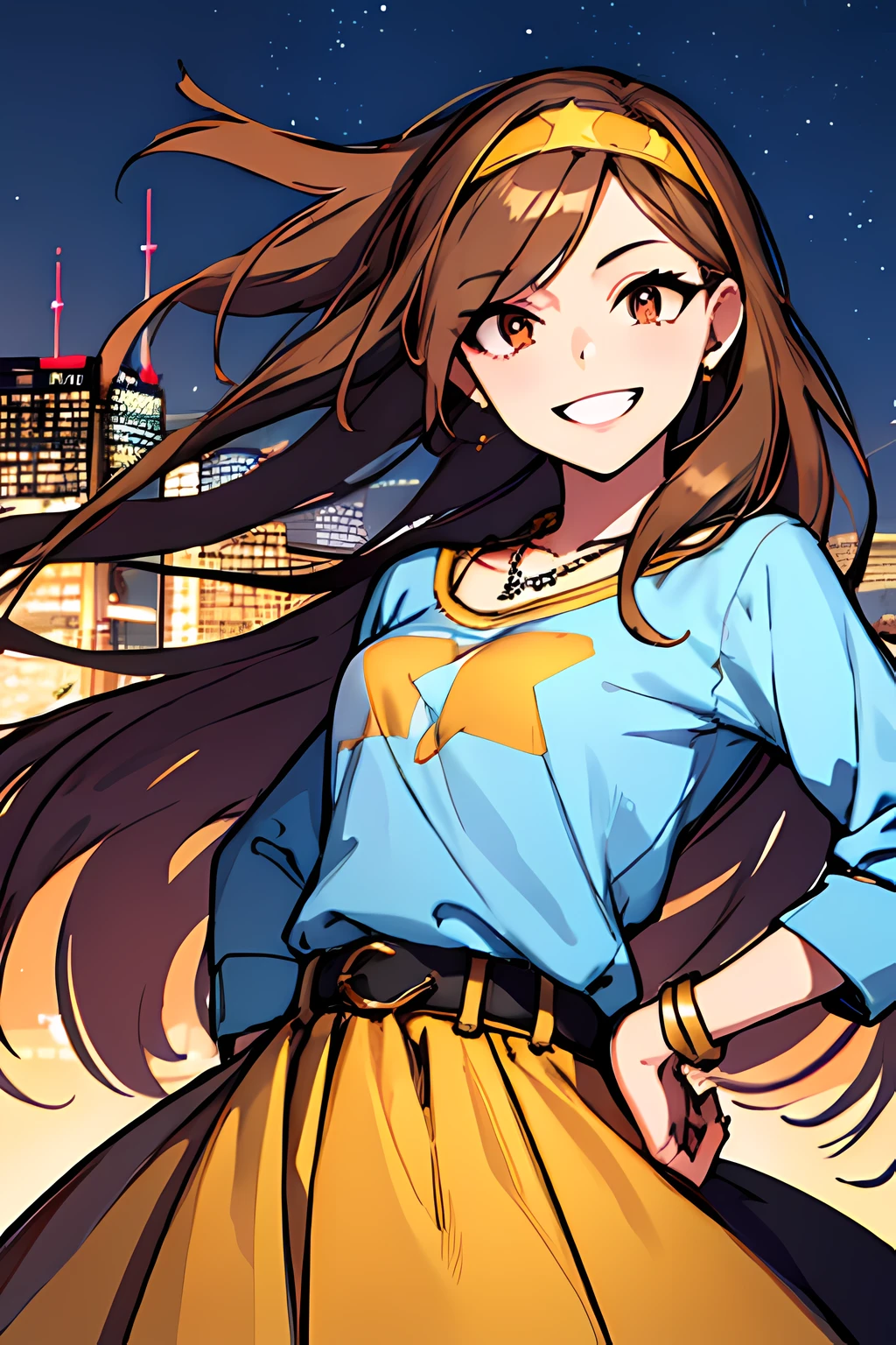 (masterpiece), best quality, expressive eyes, highres, perfect eyes, perfect face, perfect hands, 1girl, genie, zodiac, shirt over 1 shoulder, long sleeves, necklace, long Brown Hair, city background, headband, Brown eyes, Brown skirt, small bust, charismatic, crazy face, crazy eyes, crazy smile, perfect anatomy, half body, 1girl, solo, blue shirt, gold letters, graphic t-shirt, bracelets, necklace, jewelry, arm sleeves, manipulative, gaslighting, friendly, hands behind back, smile, happy, expressive, loose clothing, flowing clothing, gold accents, stars, night sky, skyline, flowing, wind, windy, standing, excited, hippie, hand on head, hand on hip, smiling,