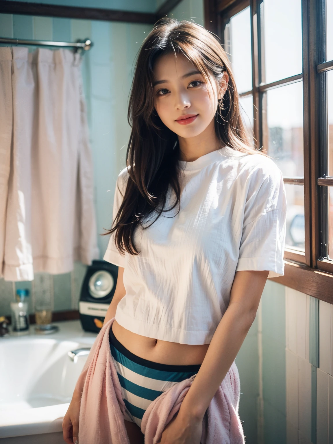 （8K，Best quality，tmasterpiece：1.2），（realistically，realistically，Photorealistic：1.37），2 girls，hyper-detailing，Beautiful details eyes Beautiful details nose，Short-sleeved sailor suit，Close-up of the upper body，Attractions，（（The stands up）），the roof，railing，Small town，pylons，telephone poles，a plant，Front lens