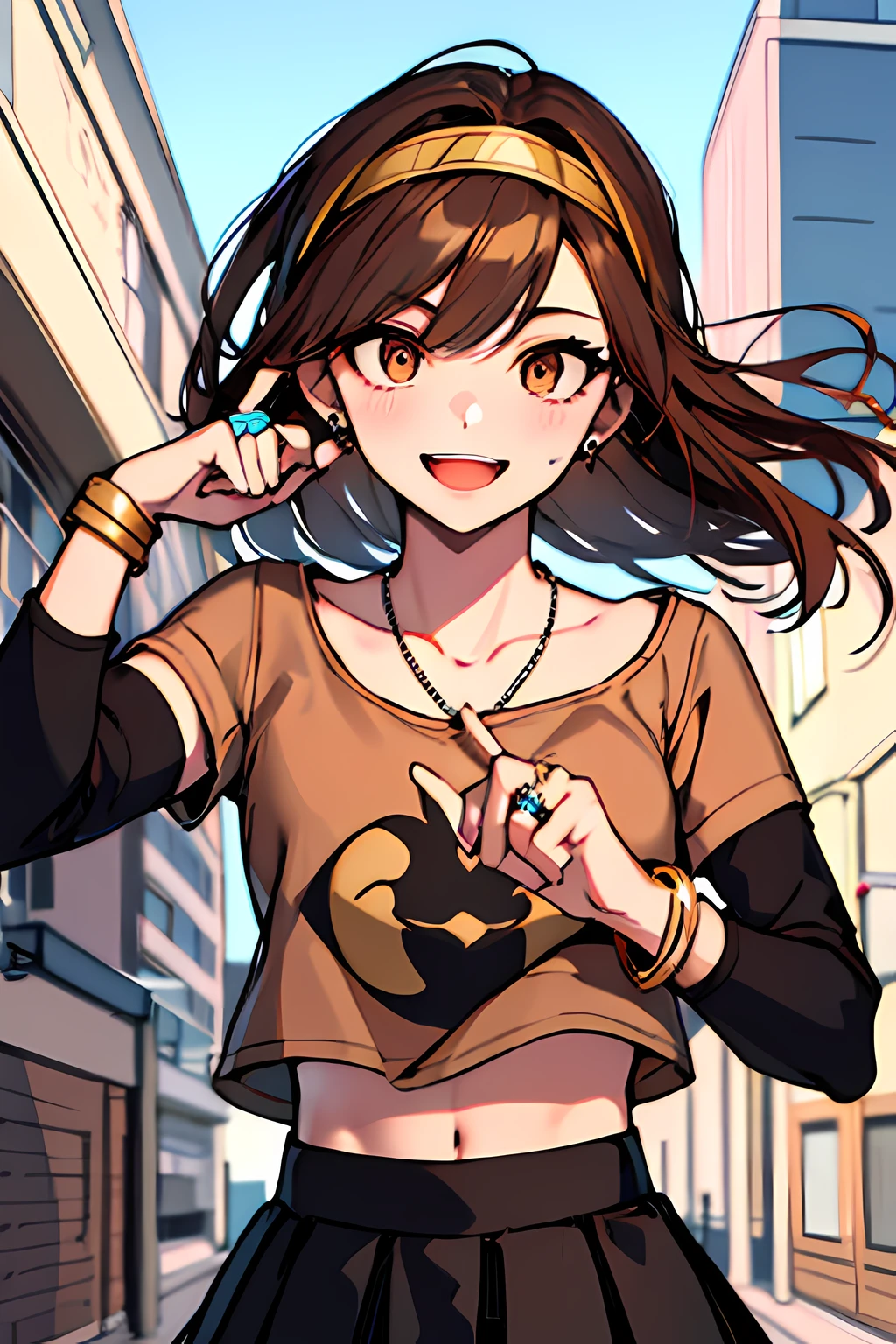 (masterpiece), best quality, expressive eyes, highres, perfect eyes, perfect face, perfect hands, 1girl, genie, zodiac, shirt over 1 shoulder, Brown bikini, long sleeves, necklace, long Brown Hair, city background, headband, Brown eyes, Brown skirt, small bust, rings, bracelets, charismatic, crazy face, crazy eyes, crazy smile, perfect anatomy, half body, l1girl, solo, brown shirt, gold letters, graphic t-shirt, bracelets, rings, necklace, jewelry, arm sleeves, fingerless gloves, manipulative, gaslighting, friendly