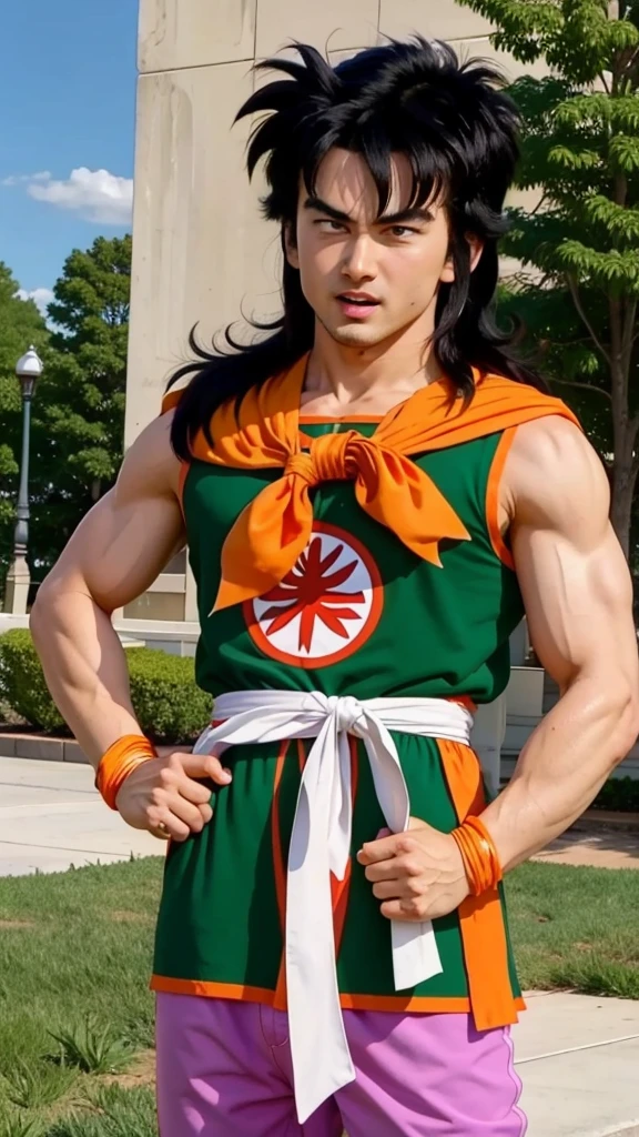 (8k, best quality, masterpiece:1.2),realistic,yamcha,1girl black hair, solo, spiked hair, black eyes,long hair, bangs, (green tunic), orange pants, (white sash),ribbon, outdoors, (purple armguards), orange neckerchief, looking at viewer, day, tree, blue sky, grass, rock, kanji,sidelocks,sleeveless, medium breasts, open mouth, embarrassed, blush