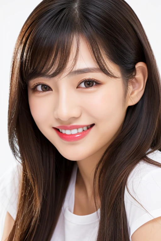 top-quality, masutepiece, Photorealistic,A woman in her late 20s,High-resolution full-body images, Grinning red lips， Smile, slightly visible,white t-shirts,tan skin denim skirt,fullbody image,Soft lighting, Detailed skin, Bangs, Black hair, Clear eyes,Long curly hair, Transparency,A Japanese Lady , Beautiful woman, Upper Eyes, Lip gloss, Teardrops, Mole on the chest, Highlight the lines of the body