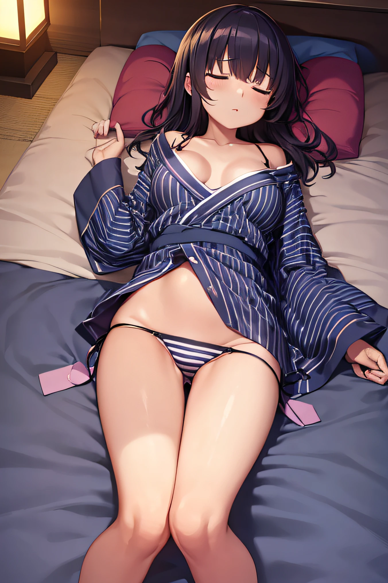 striped yukata, slit, cleavage, panties on,
girl, e, Teenage, medium breasts, Leg up ,
Lying on the futon, deepshadow, From above,
Ridiculous resolution, Ultra-detailed, Best Quality, steam, a sultry,((Sleeping:1.5))、((deep in the night))