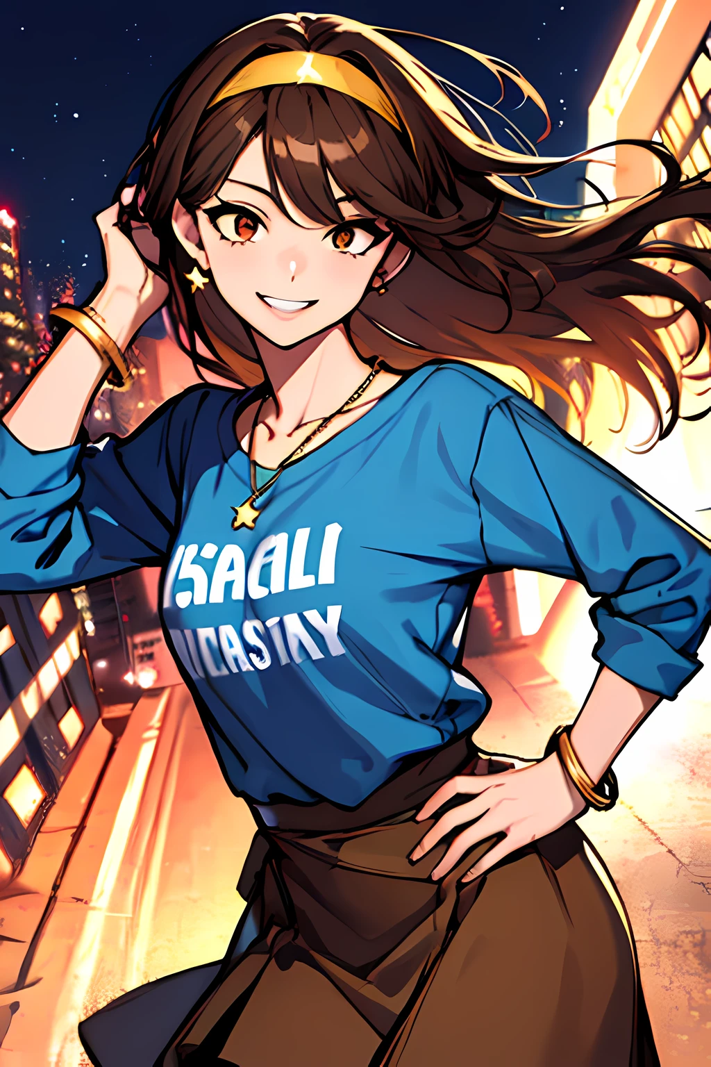 (masterpiece), best quality, expressive eyes, highres, perfect eyes, perfect face, perfect hands, 1girl, genie, zodiac, shirt over 1 shoulder, long sleeves, necklace, long Brown Hair, city background, headband, Brown eyes, Brown skirt, small bust, charismatic, crazy face, crazy eyes, crazy smile, perfect anatomy, half body, 1girl, solo, blue shirt, gold letters, graphic t-shirt, bracelets, necklace, jewelry, arm sleeves, manipulative, gaslighting, friendly, hands behind back, smile, happy, expressive, loose clothing, flowing clothing, gold accents, stars, night sky, skyline, flowing, wind, windy, standing, excited, hippie, hand on head, hand on hip, smiling,