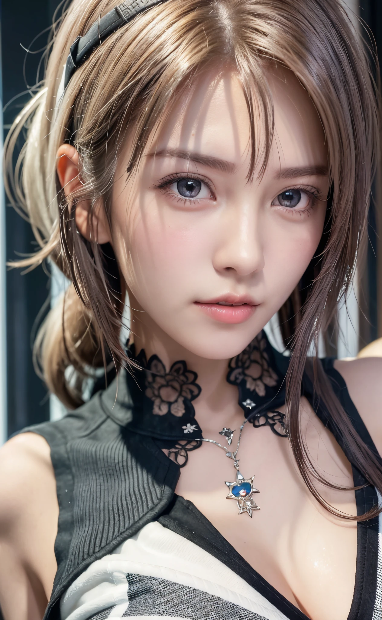 (8K, Photorealistic, Raw photo, of the highest quality: 1.3), (1girl in), Super beautiful, (Realistic face), (boyish, Silver Color Berry Shorthair), Beautiful , Glare that captivates the viewer, Beautiful expression, Beautiful breasts, (Realistic skin), Be...