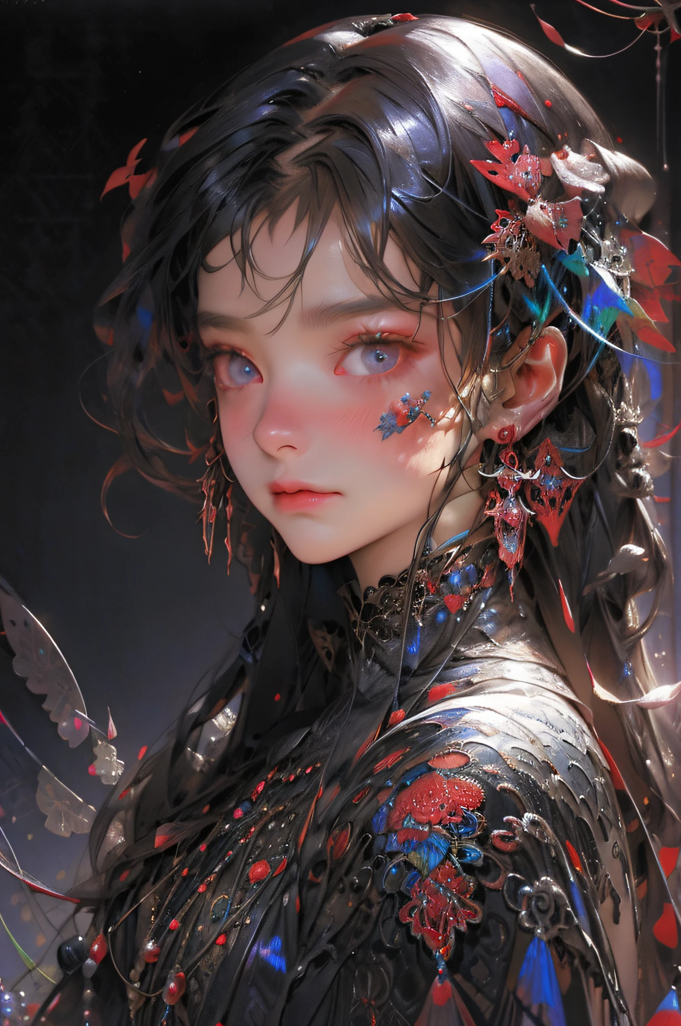 Neon Vane、roots、Fine leaf lace、Colorful Detail、Boris Bidjan Saberi costume、Pearl earrings、Art Nouveau fashion embroidery、intricate detailes、Mesh Wire、Mandelbrot fractal、Facial expression muscles、Cable wire、microchips、Badass、hyper realisitic、The ultra -The high-definition、octane renderings、Volumetric lighting、8k post-production、Red and white with a little black、Elaborate metallic bones、semi human、Irridescent color、Glenn Brown Style Futuristic Room、power of the god、high-angle shot、Complex body poses