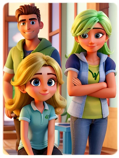 There is a woman, de cabelos longos, castanhos, olhos verdes, Smiling looking at the camera and a man behind her, de barba e oculos, Lightly crouched looking at the camera and with his hands placed on the woman's shoulder.