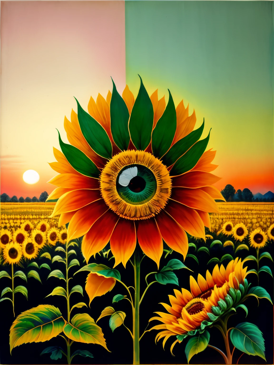 Layers of sunflowers in the field, High and Low Sunflowers，set at sunset, author：sakfins，The center of the sunflower is like a beautiful sad eye，Among the dense flowers and leaves，It seems like there are countless pairs of eyes staring at you，（insectoid plants），The pattern repeats，Asymmetrical，extremely nervous，  styled，The colors are very rich，（The leaves seem to be moving），Use the most original materials，As if built from his own soul and body，The red color in the painting is made from pigment mixed with pig blood，Green is the juice of ripe berries，