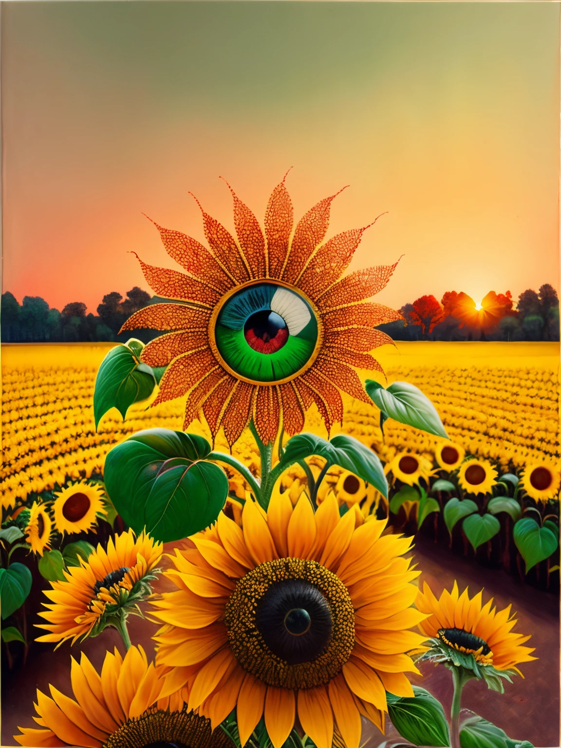 Layers of sunflowers in the field, High and Low Sunflowers，set at sunset, author：sakfins，The center of the sunflower is like a beautiful sad eye，Among the dense flowers and leaves，It seems like there are countless pairs of eyes staring at you，（insectoid plants），The pattern repeats，Asymmetrical，extremely nervous，  styled，The colors are very rich，（The leaves seem to be moving），Use the most original materials，As if built from his own soul and body，The red color in the painting is made from pigment mixed with pig blood，Green is the juice of ripe berries，