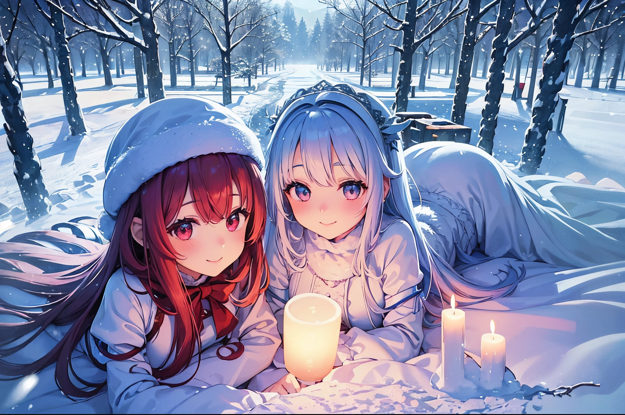 (best quality,highres),cute couple, winter background, hugging, cozy atmosphere, snowfall, warm sweaters, rosy cheeks, snow-covered trees, love, happiness, romantic, candlelight, soft glow, magic moment, frosty breath, cuddling, intimate, tender, joyful, winter love, icy landscape, snowy path