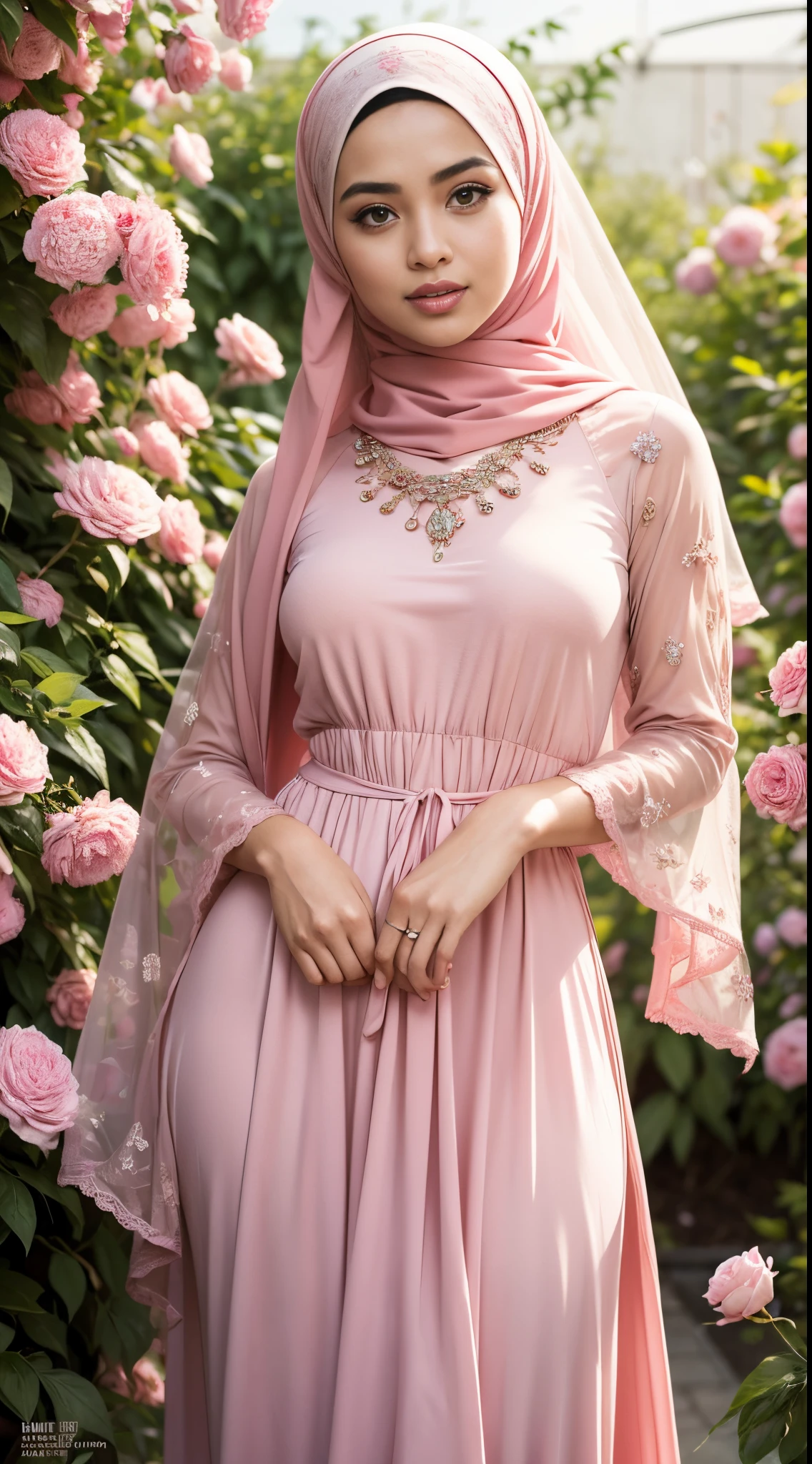 RAW, Best quality, high resolution, masterpiece: 1.3), beautiful Malay woman in hijab,Masterpiece, perfect fit body, Huge breast, big gorgeous eyes, open mount,Soft smile,wearing a pink dress and a pink hijab, pastel pink, inspired by Nazmi Ziya Güran, inspired by Naza, pink pastel, hijab, malaysian, inspired by Shaddy Safadi, with lovely look, wearing beautiful clothes, lovely woman, inspired by Fathi Hassan, some pink, background is heavenly, pastel pink skin tone, faded pink ,thick thighs, Delicate turtleneck, long necklace, shairband, afternoon walk, garden plant, Excellent lighting, Bright colors, Clean lines