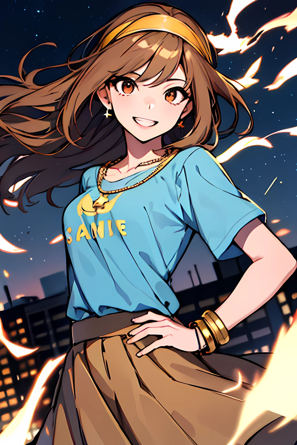 (masterpiece), best quality, expressive eyes, highres, perfect eyes, perfect face, perfect hands, 1girl, genie, zodiac, shirt over 1 shoulder, long sleeves, necklace, long Brown Hair, city background, headband, Brown eyes, Brown skirt, small bust, charismatic, crazy face, crazy eyes, crazy smile, perfect anatomy, half body, 1girl, solo, blue shirt, gold letters, graphic t-shirt, bracelets, necklace, jewelry, arm sleeves, manipulative, gaslighting, friendly, hands behind back, smile, happy, expressive, loose clothing, flowing clothing, gold accents, stars, night sky, skyline, flowing, wind, windy, standing, excited, hippie, hand on head, hand on hip, smiling, flowing hair, moving hair, moving clothes