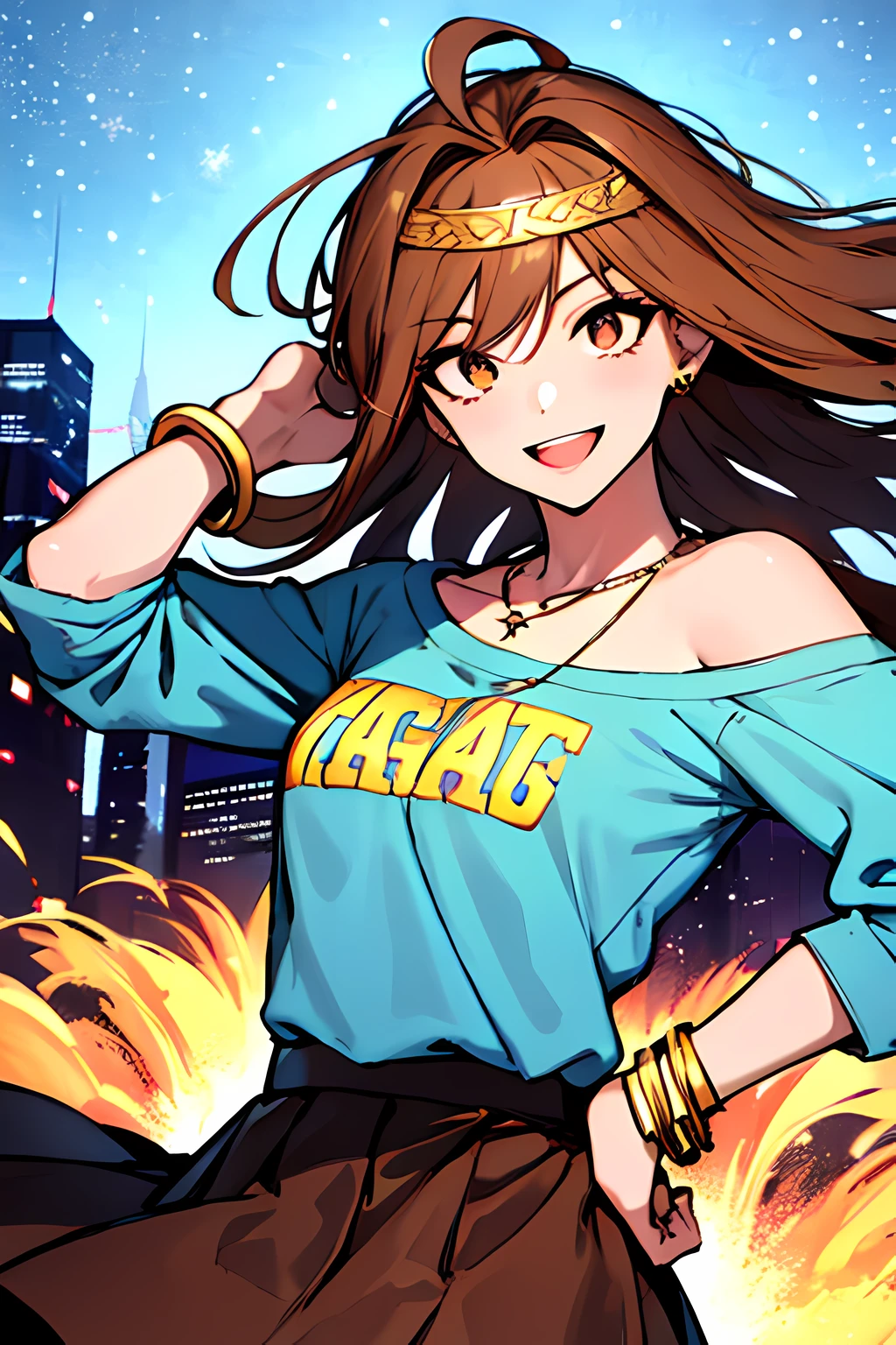 (masterpiece), best quality, expressive eyes, highres, perfect eyes, perfect face, perfect hands, 1girl, genie, zodiac, shirt over 1 shoulder, long sleeves, necklace, long Brown Hair, city background, headband, Brown eyes, Brown skirt, small bust, charismatic, crazy face, crazy eyes, crazy smile, perfect anatomy, half body, 1girl, solo, blue shirt, gold letters, graphic t-shirt, bracelets, necklace, jewelry, arm sleeves, manipulative, gaslighting, friendly, hands behind back, smile, happy, expressive, loose clothing, flowing clothing, gold accents, stars, night sky, skyline, flowing, wind, windy, standing, excited, hippie, hand on head, hand on hip, smiling,