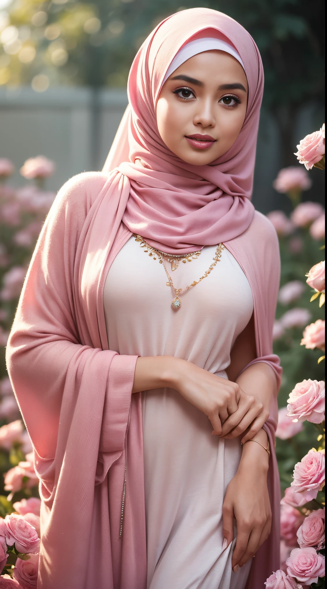 RAW, Best quality, high resolution, masterpiece: 1.3), beautiful Malay woman in hijab,Masterpiece, perfect fit body, Huge breast, big gorgeous eyes, open mount,Soft smile,wearing a pink dress and a pink hijab, pastel pink, inspired by Nazmi Ziya Güran, inspired by Naza, pink pastel, hijab, malaysian, inspired by Shaddy Safadi, with lovely look, wearing beautiful clothes, lovely woman, inspired by Fathi Hassan, some pink, background is heavenly, pastel pink skin tone, faded pink ,thick thighs, Delicate turtleneck, long necklace, shairband, afternoon walk, garden plant, Excellent lighting, Bright colors, Clean lines