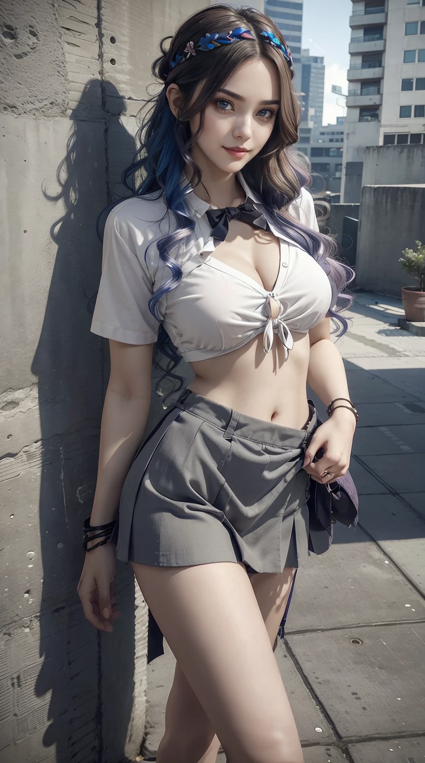 PERFECT MASTERPIECE, EXTREMELY DETAILED CG UNITY 8K UHD QUALITY RESOLUTION WALLPAPER, PHOTOREALISTIC, ULTRA HYPER-DETAILED, ULTRA HYPER-REALISTIC, OFFICIAL ART, RAW PHOTO, AWARD-WINNING PORTRAIT, The most beautiful and sexy school girl, very long purple colored hair, vibrant moonlight eyes, long detailed eyelashes, blushing, full pouting pink lips, curvy body type, full hips, super huge enormously gigantic tits, cleavage showing, gigantic tits bursting out of her shirt, wearing a school girl uniform and school girl skirt, spreading her legs open arching her back in a sexy seductive slutty pose, looking at the viewer, close up pov camera view from below, sexy seductive slutty facial expression, empty classroom background