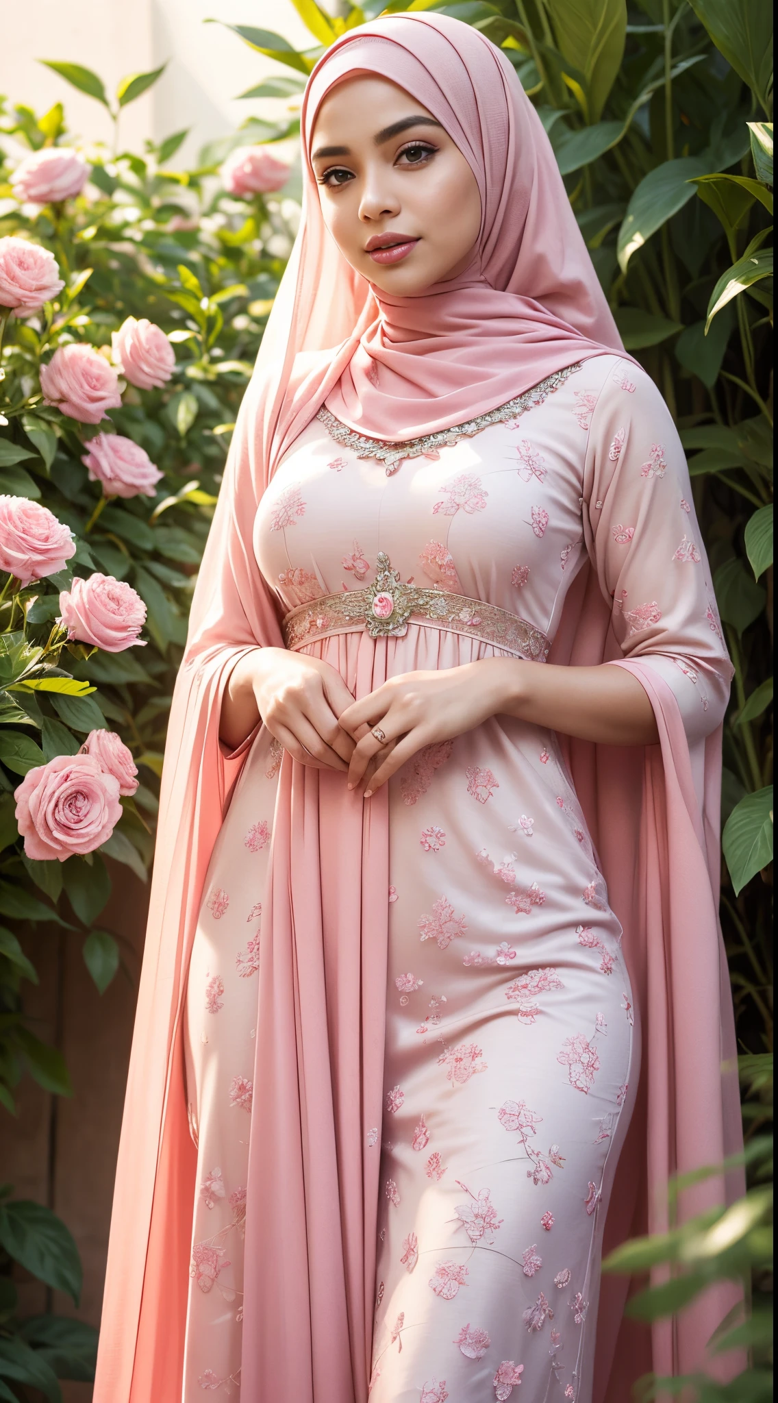 RAW, Best quality, high resolution, masterpiece: 1.3), beautiful Malay woman in hijab,Masterpiece, perfect fit body, Huge breast, big gorgeous eyes, open mount,Soft smile,wearing a pink dress and a pink hijab, pastel pink, inspired by Nazmi Ziya Güran, inspired by Naza, pink pastel, hijab, malaysian, inspired by Shaddy Safadi, with lovely look, wearing beautiful clothes, lovely woman, inspired by Fathi Hassan, some pink, background is heavenly, pastel pink skin tone, faded pink  ,thick thighs, Delicate turtleneck, long necklace, shairband, afternoon walk, garden plant, Excellent lighting, Bright colors, Clean lines