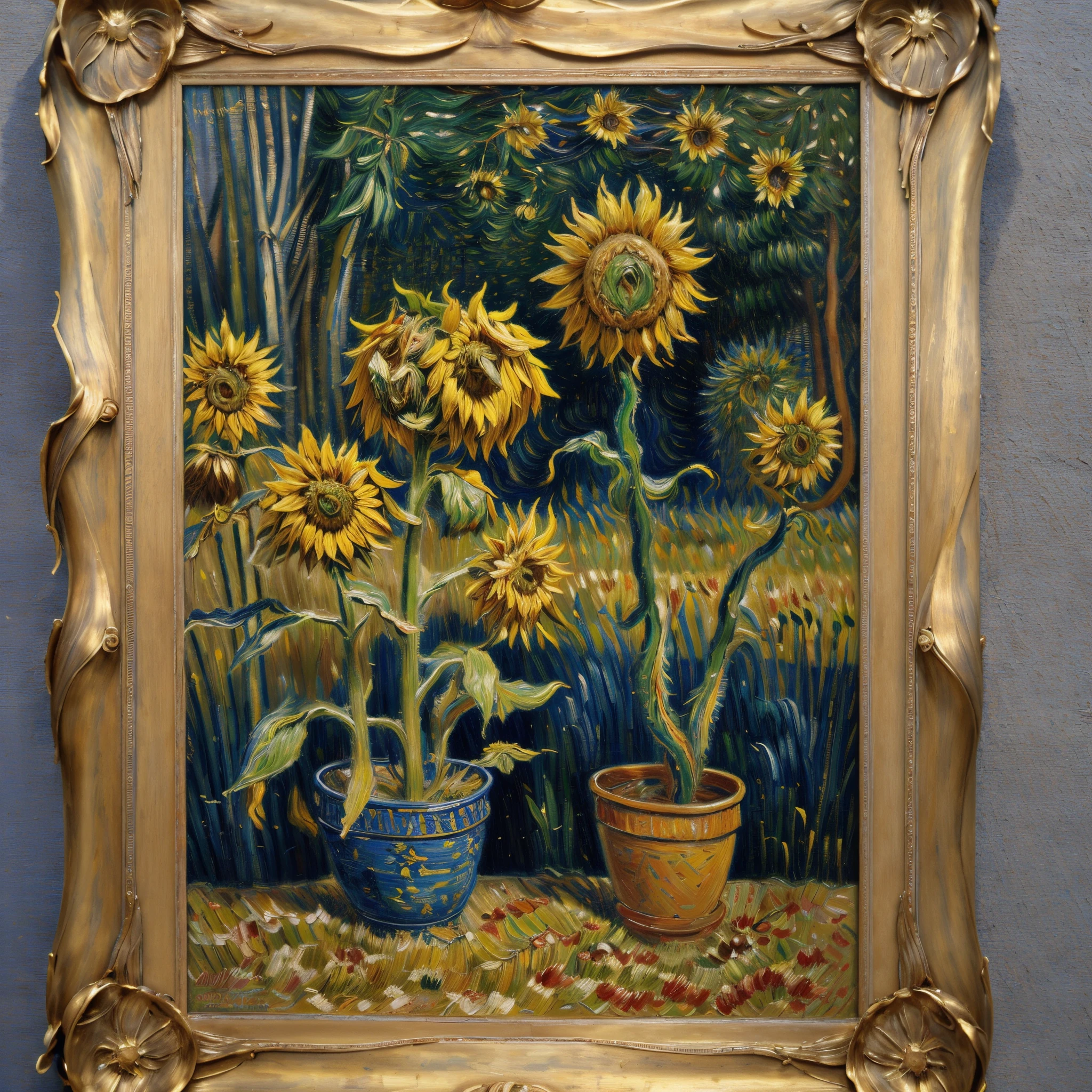 extremly intricate, cinematic lighting, masterpiece, Best quality, award winning, UHD ,a drawing ，Picture frame，(sunflower)，(no human)，impressionism ，fine art , outdoor