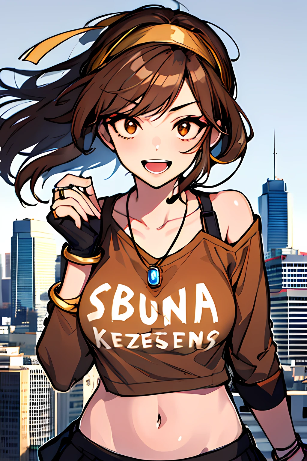 (masterpiece), best quality, expressive eyes, highres, perfect eyes, perfect face, perfect hands, 1girl, genie, zodiac, shirt over 1 shoulder, Brown bikini, long sleeves, necklace, long Brown Hair, city background, headband, Brown eyes, Brown skirt, small bust, rings, bracelets, charismatic, crazy face, crazy eyes, crazy smile, perfect anatomy, half body, l1girl, solo, brown shirt, gold letters, graphic t-shirt, bracelets, rings, necklace, jewelry, arm sleeves, fingerless gloves, manipulative, gaslighting, friendly