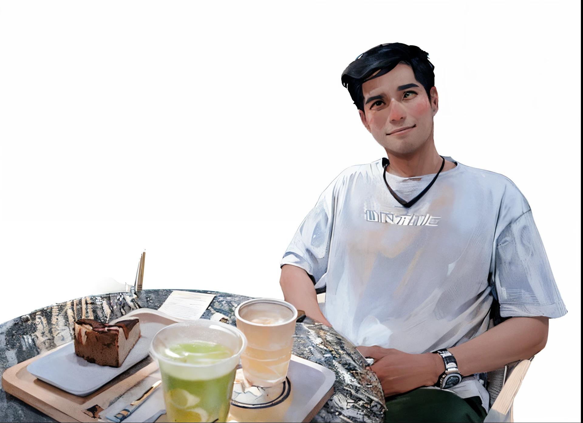 (masterpiece:1.2),illustration,lineart,texture,a man short black hair wearing t-shirt and watch smiling and sitting after marble table,a piece of cake and a glass of green tea,isolated from background,cold color palette, natural light ,detailed pencil strokes,delicate outlines,distinct shadows,subtle shading,impeccable attention to detail,highly realistic,artistic touches,vibrant and lifelike rendering,professional-level skill,white background,warm and inviting atmosphere,peaceful and relaxed expression,sophisticated and elegant aesthetics.