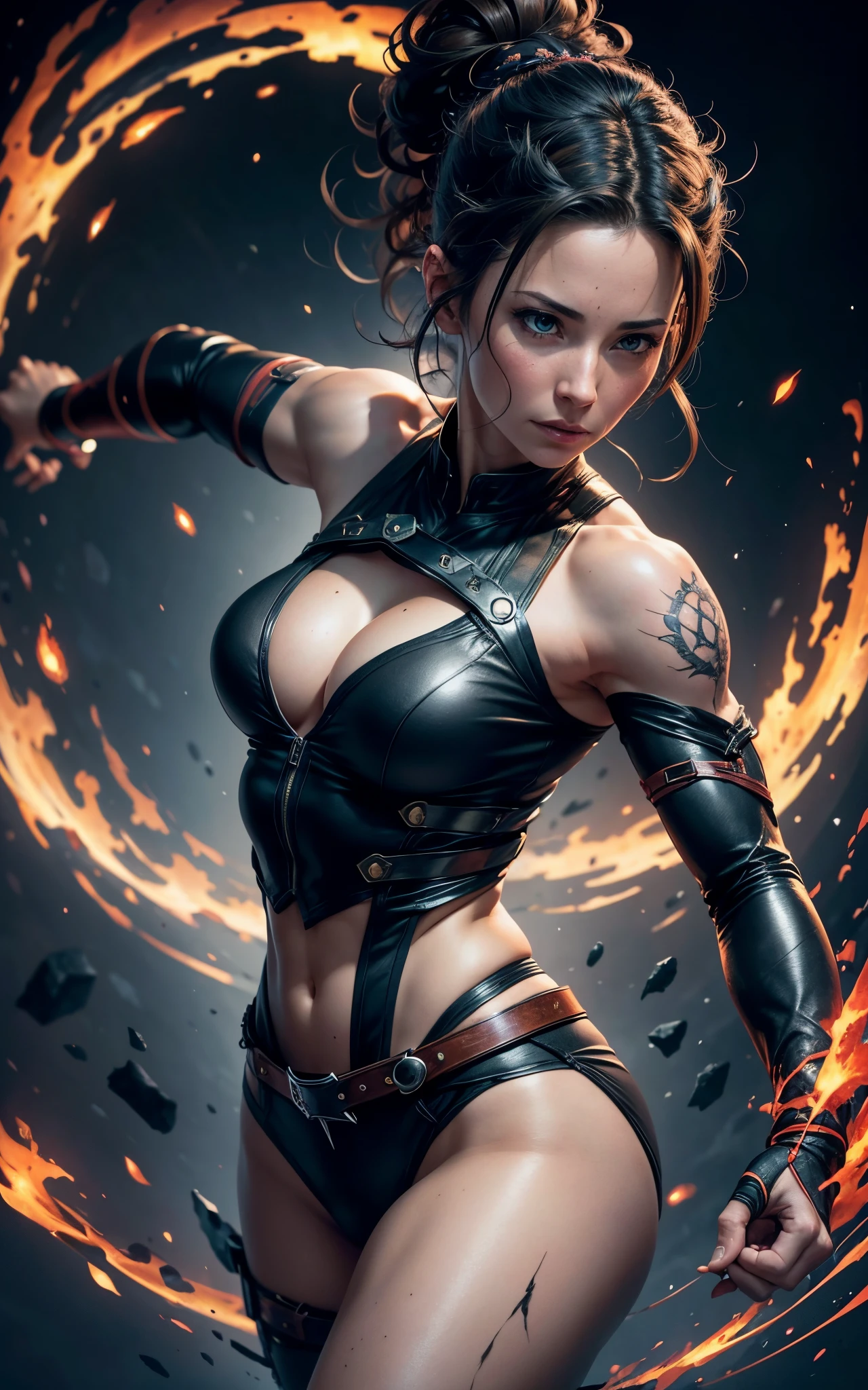 (Emily rudd:Evangeline Lilly) kunoichi coming out of a magical portal of darkness, hyperdetailed, trending on artstation, daggers in the hands, (perfect hands), hair up in a bun, action pose, anime waifu style, By David Benzal, fitness body, dark fantasy background, hdr,8k,